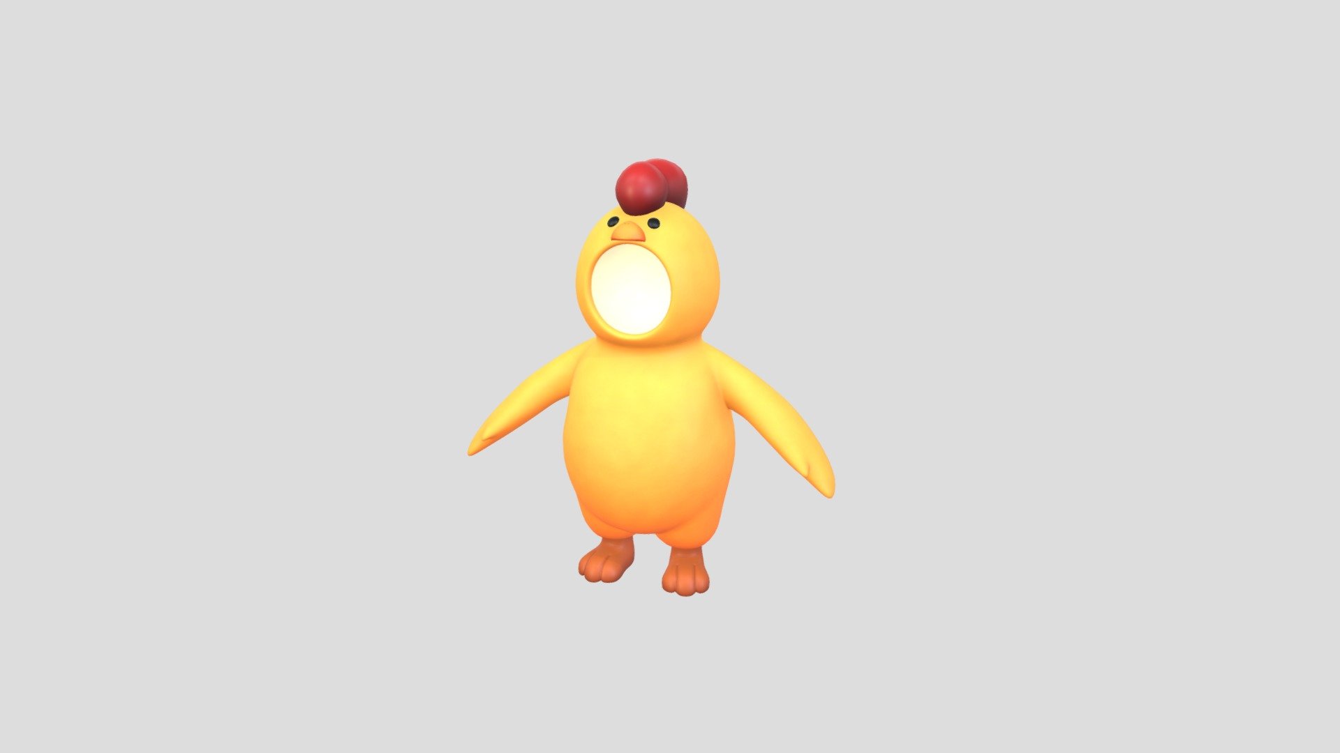 Chicken Suit 3d model.      
    


File Format      
 
- 3ds max 2023  
 
- FBX  
 
- OBJ  
    


Clean topology    

No Rig                          

Non-overlapping unwrapped UVs        
 


PNG texture               

2048x2048                


- Base Color                        

- Normal                            

- Roughness                         



3,190 polygons                          

3,278 vertexs - Prop234 Chicken Suit - Buy Royalty Free 3D model by BaluCG 3d model