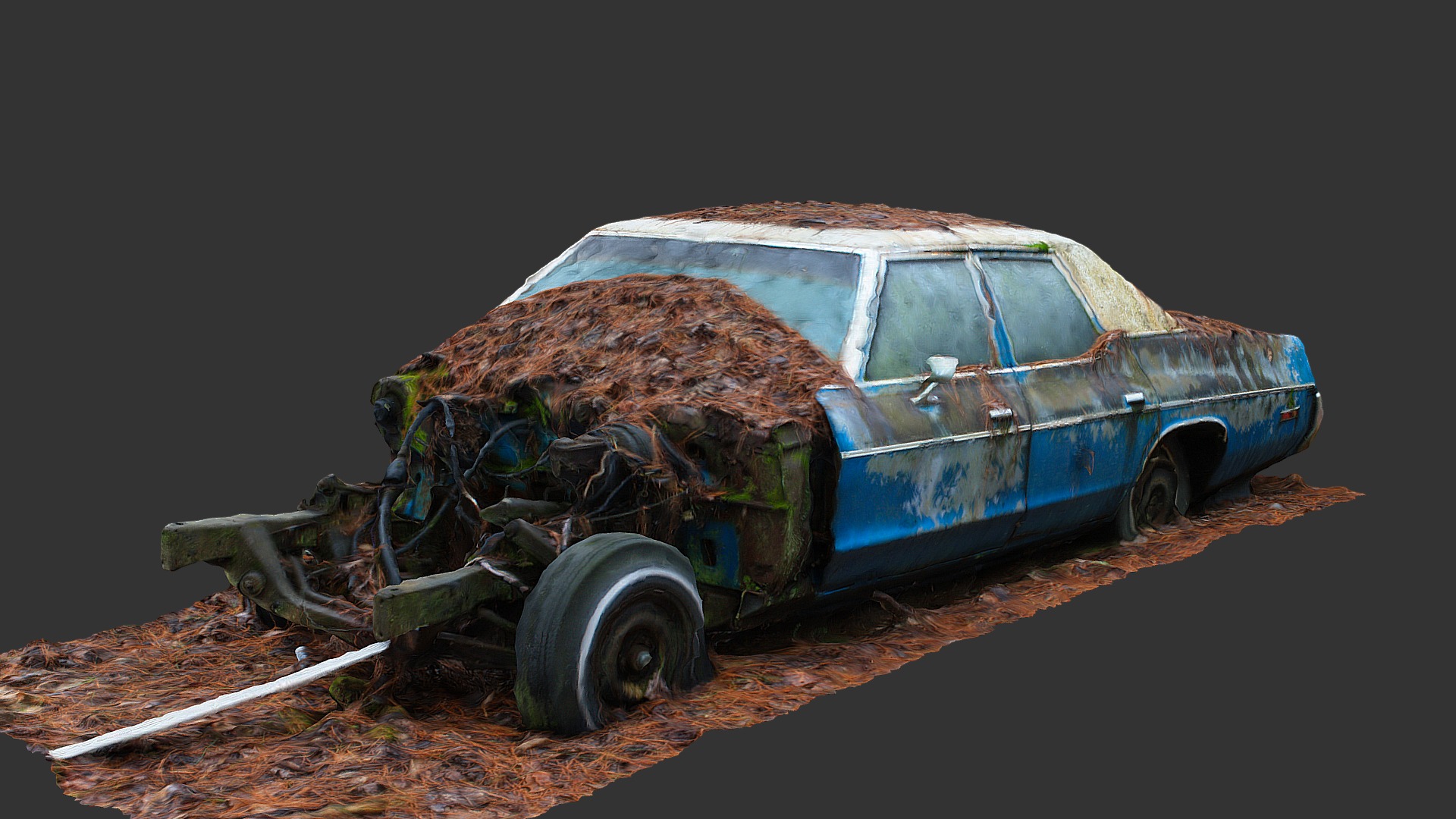 An overgrown car that's missing the front end and engine, so I can't identify it, not that it matters, it's been left to rot with everything else.

Processed from 112 photos taken with my Canon Rebel EOS XSI - Hoodless Car (Raw Scan) - Buy Royalty Free 3D model by Renafox (@kryik1023) 3d model