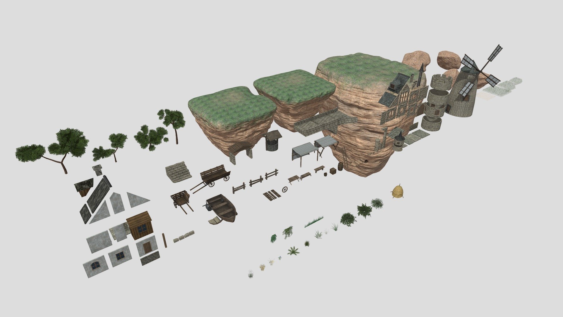 Fantasy medieval assets collection and modular buildings components.
Also in the package there are plants and trees.
This pack contains: bridge components, boat, wagon, windmill, tent, boxes, logs and more awesome models.
The scene that was made with this pack: https://sketchfab.com/3d-models/castle-in-the-sky-00b3e524d17e4f77910b307c36cc942d
 - Castle modular assets pack - 3D model by Mentalist (@Mentailst) 3d model