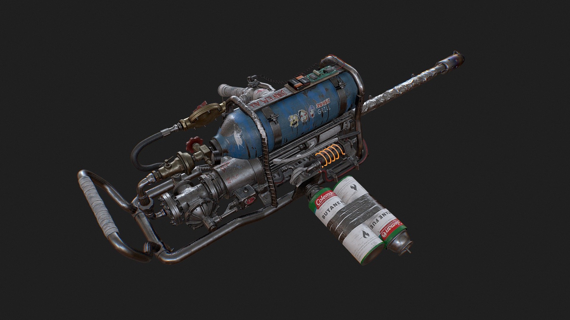 Here's a flame thrower I've been working on lately. I tried to make it from an original concept and have functionality in mind in the design process. used Zbrush for modeling, retopology it in Maya and painter for texturing.

Check here for more images: https://www.artstation.com/artwork/Qn2YPB - Flame Thrower - Buy Royalty Free 3D model by emran.bayati 3d model