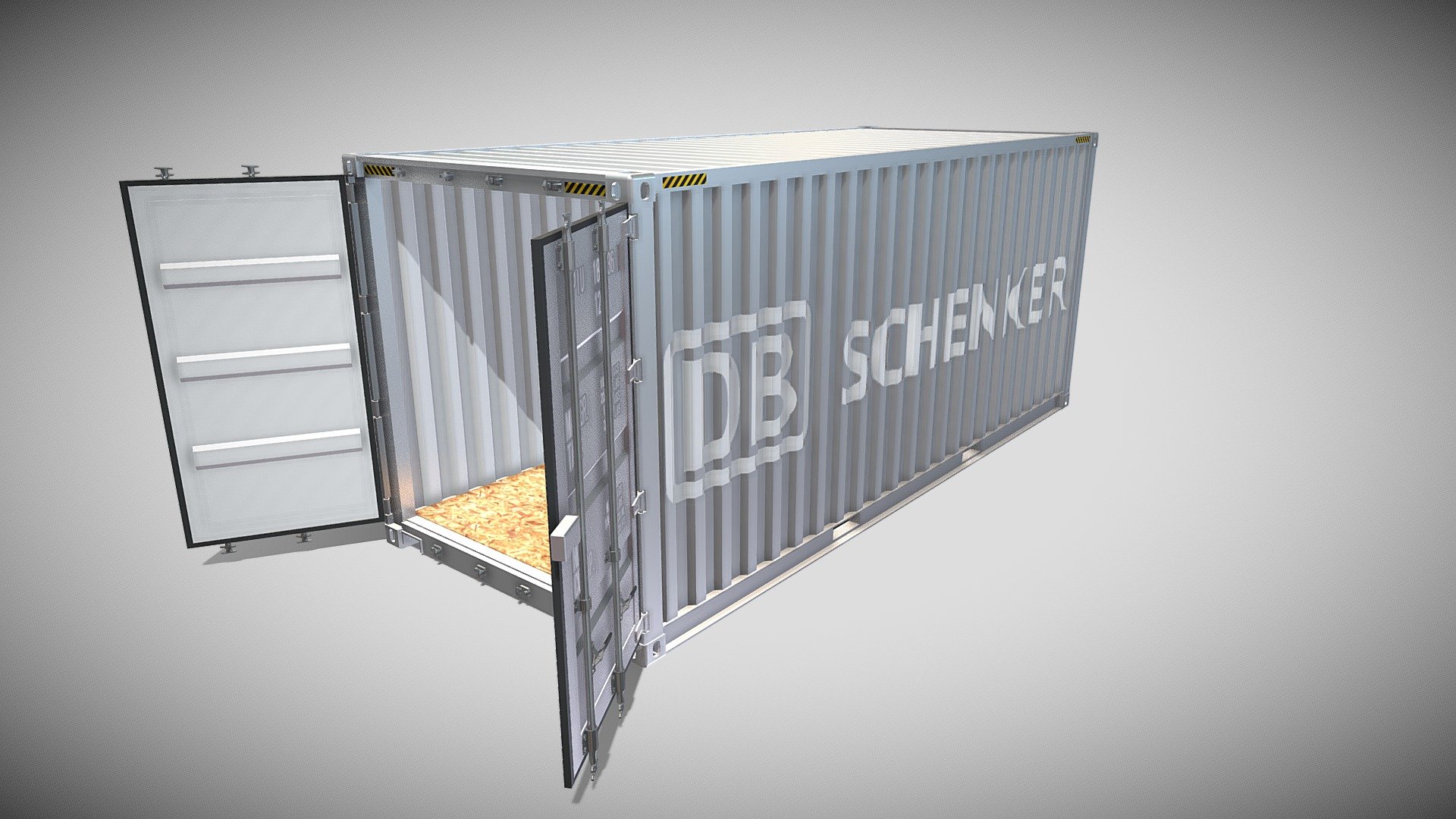 20ft Shipping Container 3d model rendered with Cycles in Blender, as per seen on attached images. 

File formats:
-.blend, rendered with cycles, as seen in the images;
-.obj, with materials applied;
-.dae, with materials applied;
-.fbx, with materials applied;
-.stl;

-.blend, with doors open, rendered with cycles, as seen in the images;
-.obj, with doors open, with materials applied;
-.dae, with doors open, with materials applied;
-.fbx, with doors open, with materials applied;
-.stl; - 20ft Shipping Container DB Schenker - Buy Royalty Free 3D model by dragosburian 3d model
