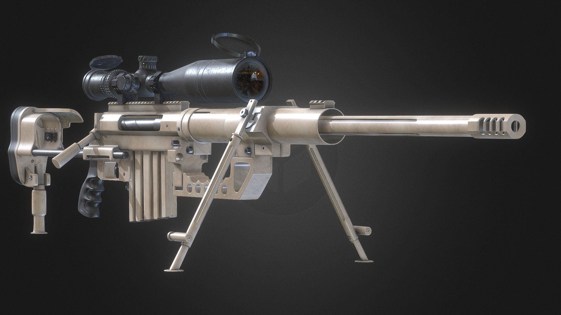 Free 3D model and high detailed weapon CHEYTAC M200, feel free to use this model on personal projects, but please, don't sell it 
The whole model has 2 texture sets, 1 set for the body and other set for the scope.
The whole model has 4k textures 3d model