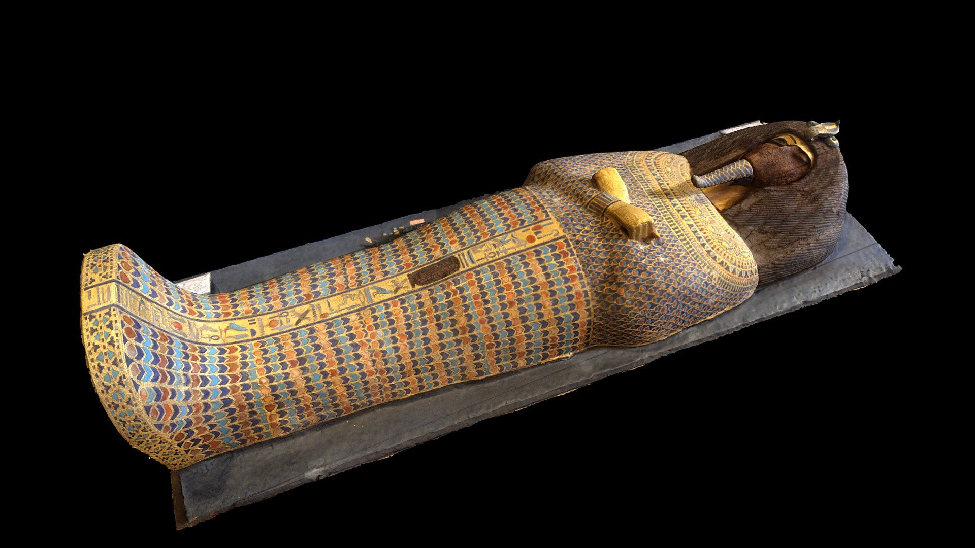 Coffin of the Pharaoh Akenaten in the Egyptian Museum, Cairo, Egypt.

This coffin was recovered from a tomb in the Valley of the Kings in what has been designated Tomb KV55.  The tomb was discovered by Edward R. Ayrton in 1907 while working for the wealthy American Theodore M. Davis.  The tomb has been controversial since it's discovery, originally being designated the burial of Queen Tiye.  It has now been shown through DNA analysis that the remains found in the tomb are those of Akenaten himself.  The DNA has further demonstrated that Akhenaten was the father of Tutankhamen (King Tut).
The face of the coffin and the name in the cartouche have been deliberately removed in an attempt to condemn the “heretic” pharaoh in the afterlife and erase his memory.

Information on the tomb can be found here.  A scan of another artifact from the tomb can be seen here.

Created using 138 photographs (Canon EOS Rebel T5i) using Metashape 1.3 3d model