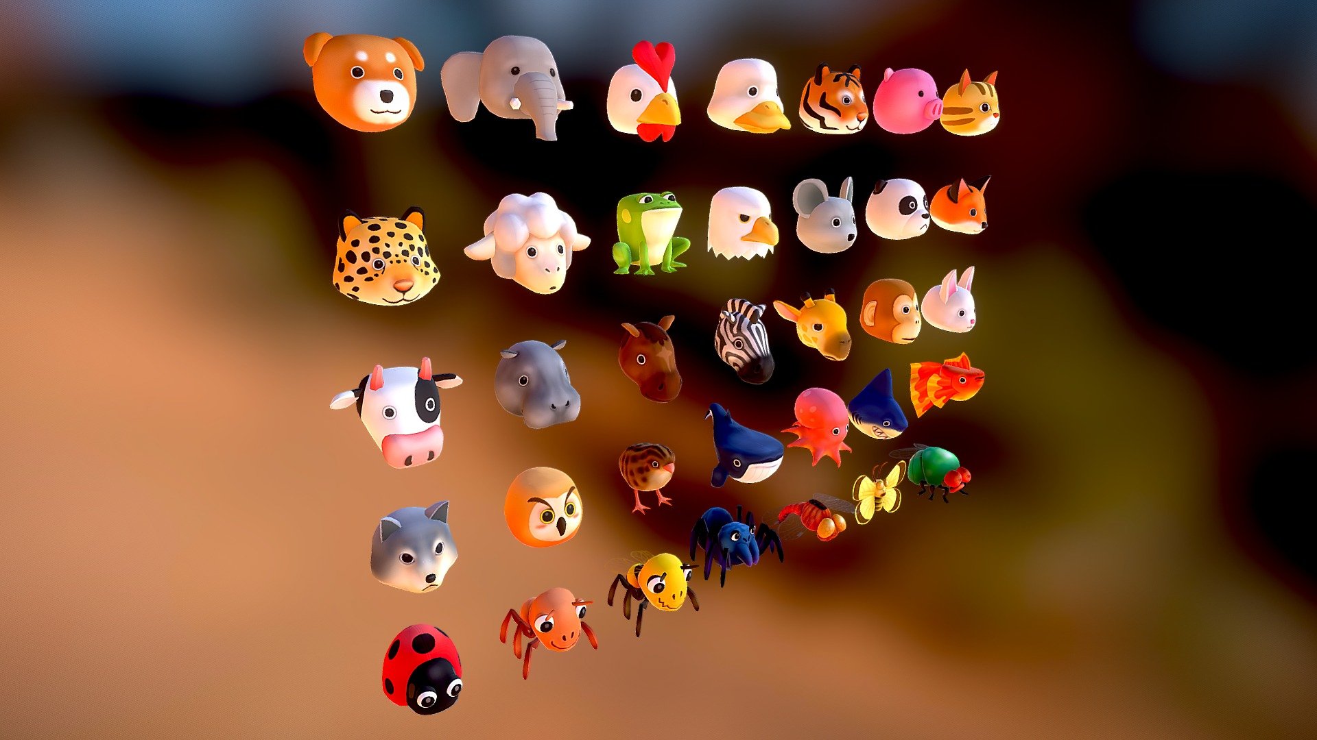 3D Props - Adorable Animal Set

You can use those icons for puzzle games, also can be used in children education games.

This package contains total of 35 FBX Items
texture size is 512x512, Atlas texture.

ant / bee / butterfly / cat / cow /dog / dragonfly / duck / eagle / elephant / fish / fly / fox / frog / giraffe / hippo / horse / ladybug / leopard / monkey / mouse / octopus / owl / panda / pig / quail / rabbit / shark / sheep / spider / tiger / whale / wolf / zebra - 3D Props - Adorable Animal Set - Buy Royalty Free 3D model by layerlab 3d model