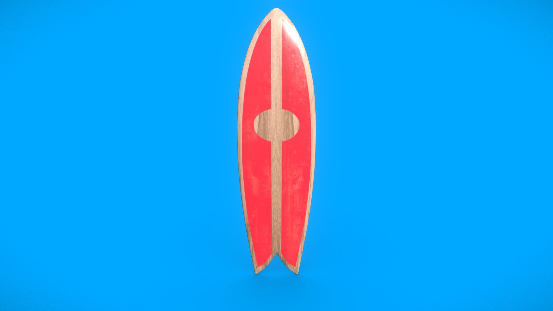 Basic wooden surfboard design with minimal graphics. Slightly weathered. All quad geometry 3d model