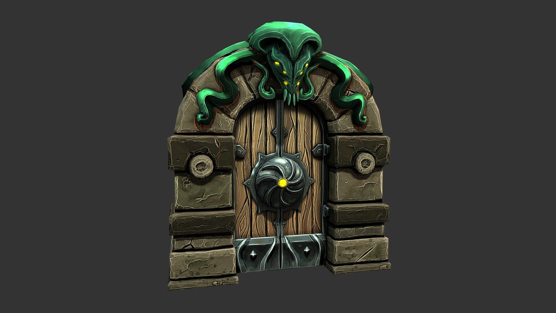 This prop has been one of the most challenging pieces I've done, but really fun to learn from. The model is based heavily off of Baldi Konijn's Dungeon Door concept art. https://www.artstation.com/artwork/3a0yo 
After creating the sculpt and low res, I tried to use the colors of the reference, and wasn't happy with how it looked. I instead used photos of Blizzard's recent showcase of Kul Tiras in World of Warcraft as a color theme. I'm happy with the result, but there are plenty of areas I can still improve, and this project was amazing at teaching me new methods for the style 3d model