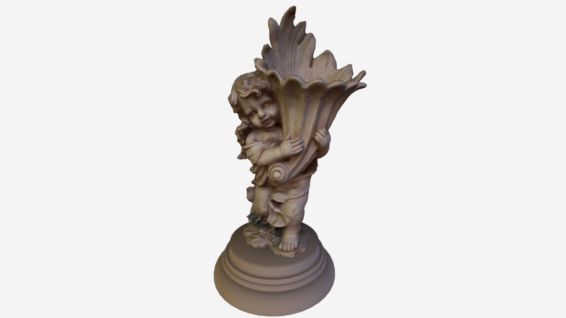 This 3D scan depicts a cherub standing on a roman doric base and carrying a flower shaped vase 3d model
