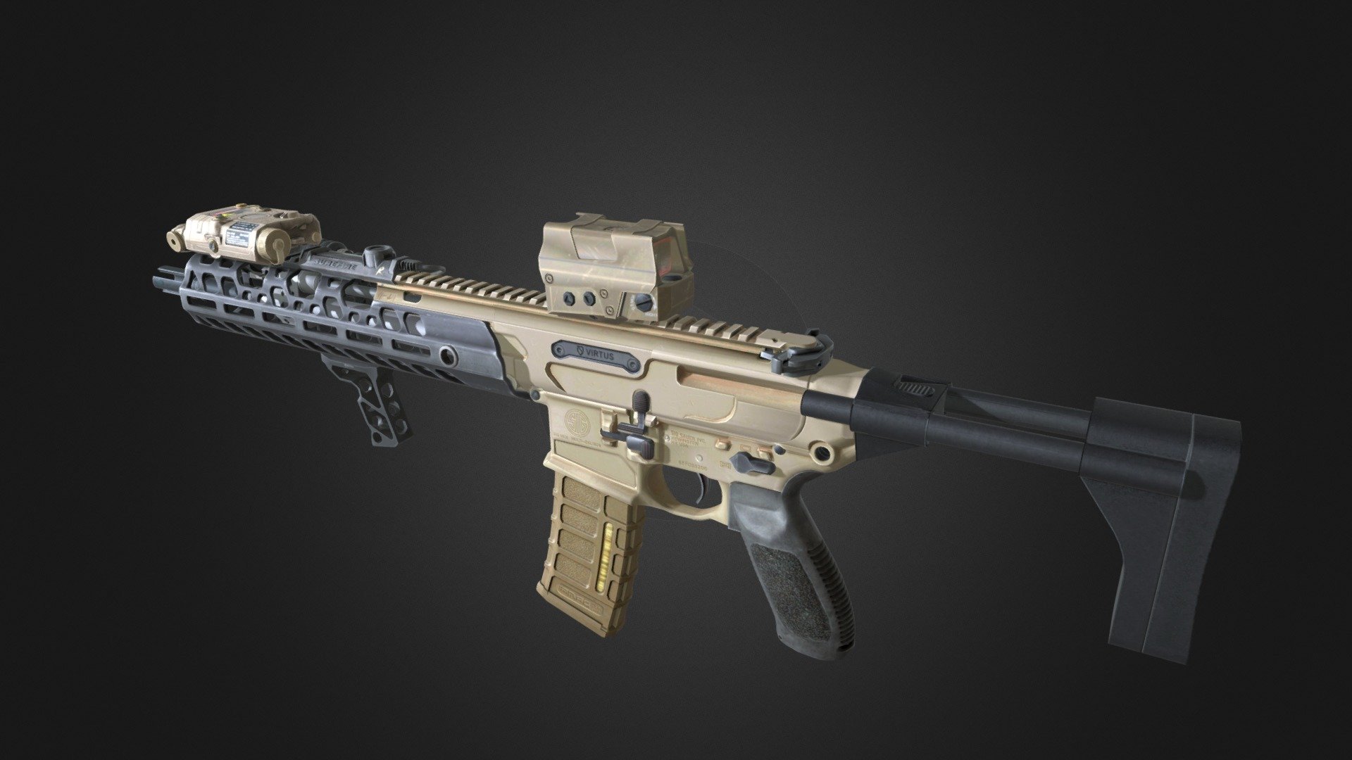Weapon render for my modding project: https://www.moddb.com/mods/asymmetric-warfare

The SIG MCX VIRTUS SBR is the short-barreled rifle configuration of the MCX VIRTUS. It features a 292 mm (11.5 in) barrel for the 5.56×45mm NATO caliber, and a 140 mm (5.5 in) barrel and 229 mm (9 in) barrel for the .300 AAC Blackout caliber 3d model