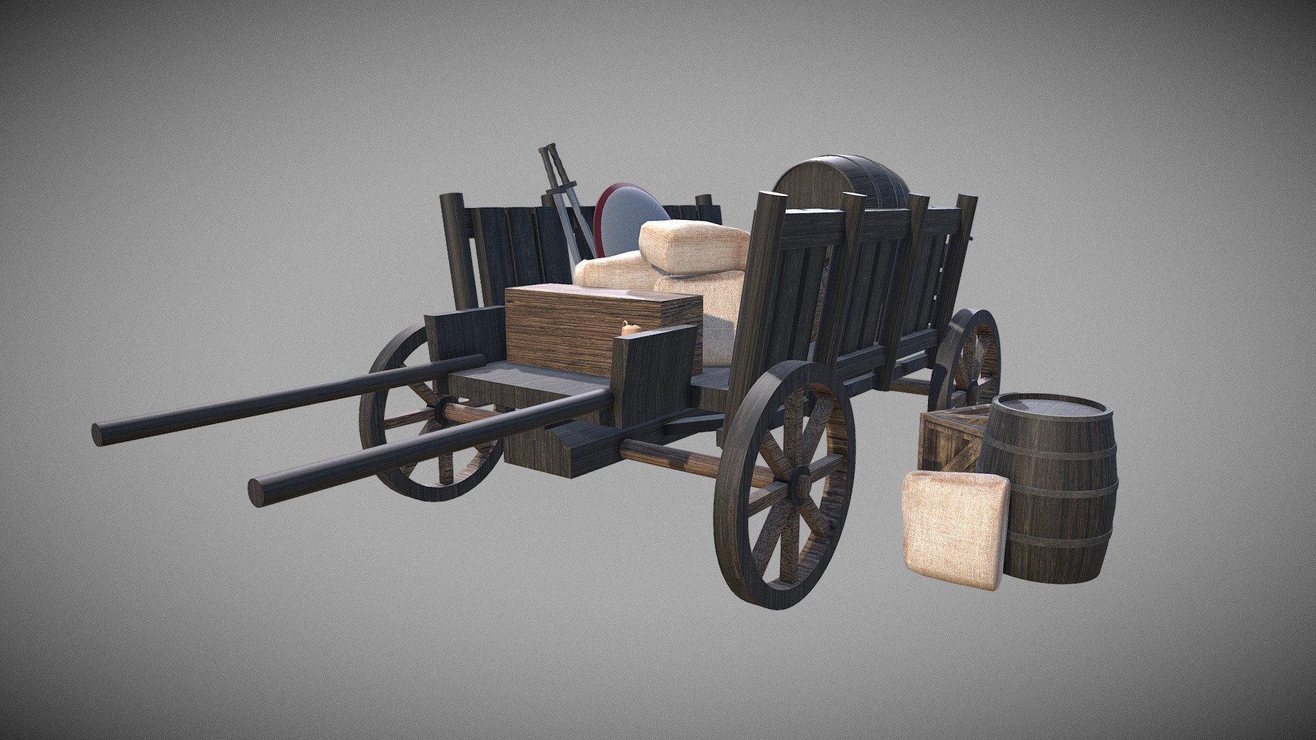 A horse-drawn wagon based on influences from Hellenistic-era and imperial Roman technologies. Used in those times for the baggage train and other logistical purposes (eg. trading) 3d model