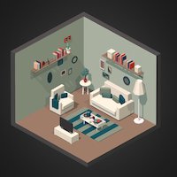 Isometric Living Room room, cute, assets, miniature, furniture, living, isometric, low-poly, game, lowpoly, blender3d, gameart, design, house