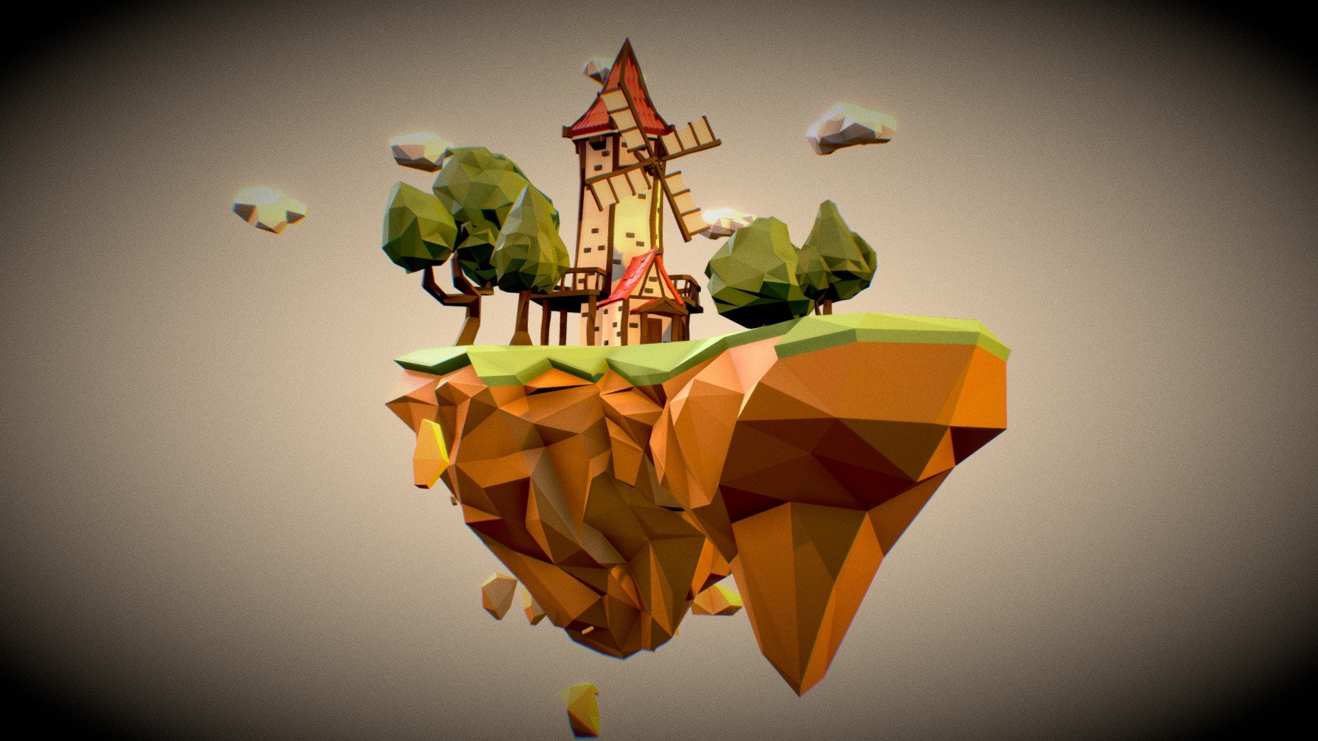 Low poly scene of an animated Windmill on a floating island with some trees and clouds around it - Floating Windmill - 3D model by P3D (@p3d_avilla) 3d model
