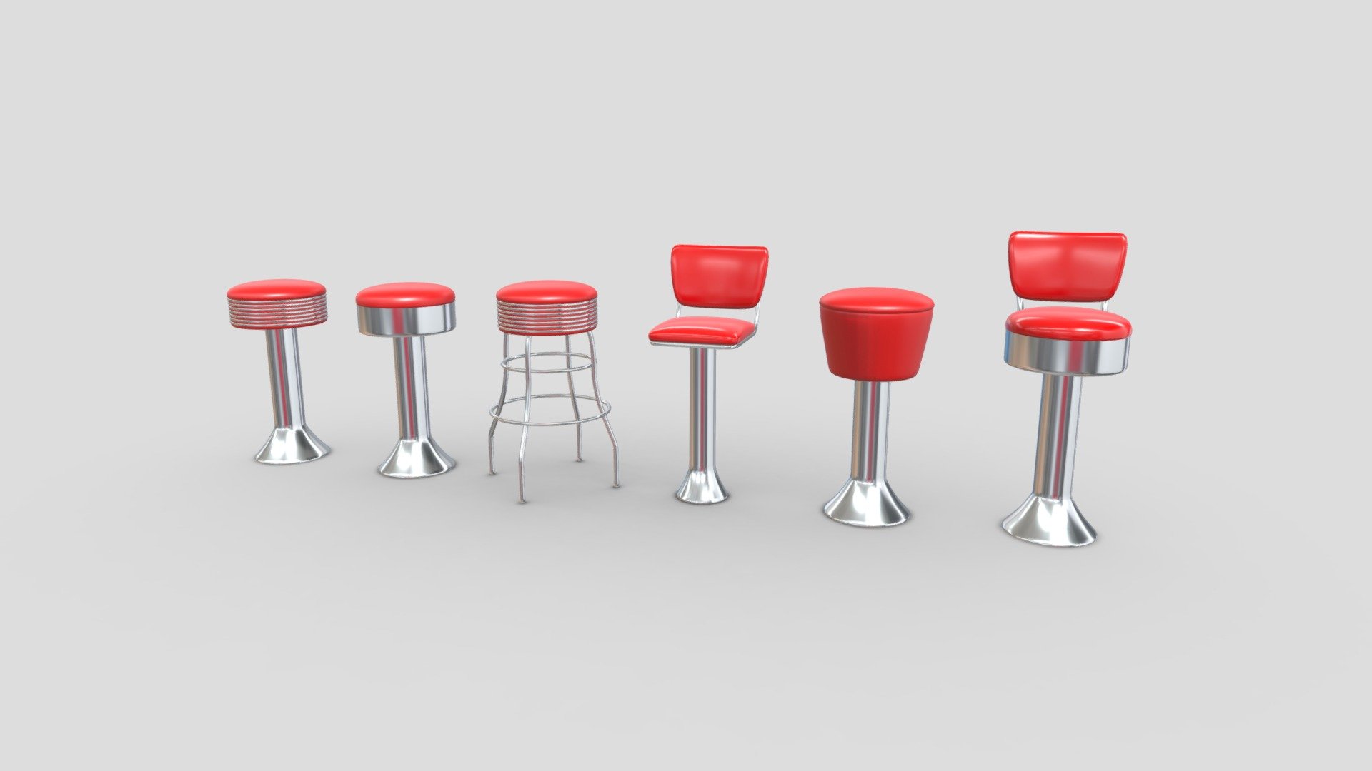 This is a collection of bar stool 3D models that I have made using Blender. Included are 6 bar stools that use a simple design and have a retro look. The models use metallic and plastic materials that have been baked into PBR textures.

Features:




Includes 6 retro bar stool 3D models

Made using 2K PBR textures in PNG format and uses the metalness workflow

Models manually UV unwrapped

Textures can be scaled down and edited

Blend files have pre-applied materials/textures with camera and lighting setups 

Models exported in FBX, OBJ, GLTF/GLB, DAE/Collada file formats 

Includes GLTF file type instructions and help document 

Includes rendered images, wireframes, and extras

Included Textures:




AO, Diffuse, Roughness, Gloss, Metallic

UVLayout

The source file is uploaded in FBX format and is used for demonstration. In the additional file you will find all model exports and the textures that go along with them.

Polygon Counts

 - Retro Bar Stool Collection - Buy Royalty Free 3D model by Pickle55100 3d model
