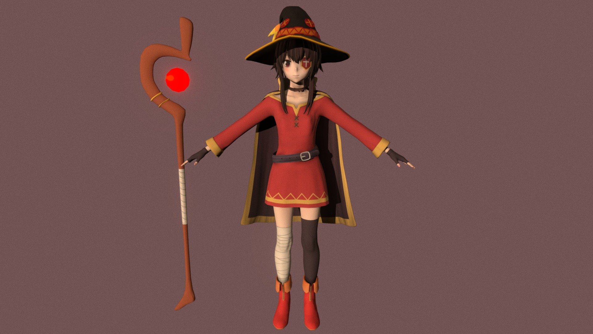 T-pose rigged model of anime girl Megumin (Konosuba).

Body and clothings are rigged and skinned by 3ds Max CAT system.

Eye direction and facial animation controlled by Morpher modifier / Shape Keys / Blendshape.

This product include .FBX (ver. 7200) and .MAX (ver. 2010) files.

3ds Max version is turbosmoothed to give a high quality render (as you can see here).

Original main body mesh have ~7.000 polys.

This 3D model may need some tweaking to adapt the rig system to games engine and other platforms.

I support convert model to various file formats (the rig data will be lost in this process): 3DS; AI; ASE; DAE; DWF; DWG; DXF; FLT; HTR; IGS; M3G; MQO; OBJ; SAT; STL; W3D; WRL; X.

You can buy all of my models in one pack to save cost: https://sketchfab.com/3d-models/all-of-my-anime-girls-c5a56156994e4193b9e8fa21a3b8360b

And I can make commission models.

If you have any questions, please leave a comment or contact me via my email 3d.eden.project@gmail.com 3d model