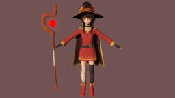 T pose rigged model of Megumin hat, cute, staff, teenage, cloak, dress, boots, teen, woman, magician, megumin, anime-girl, konosuba, girl, female, anime, rigged, kono-subarashii