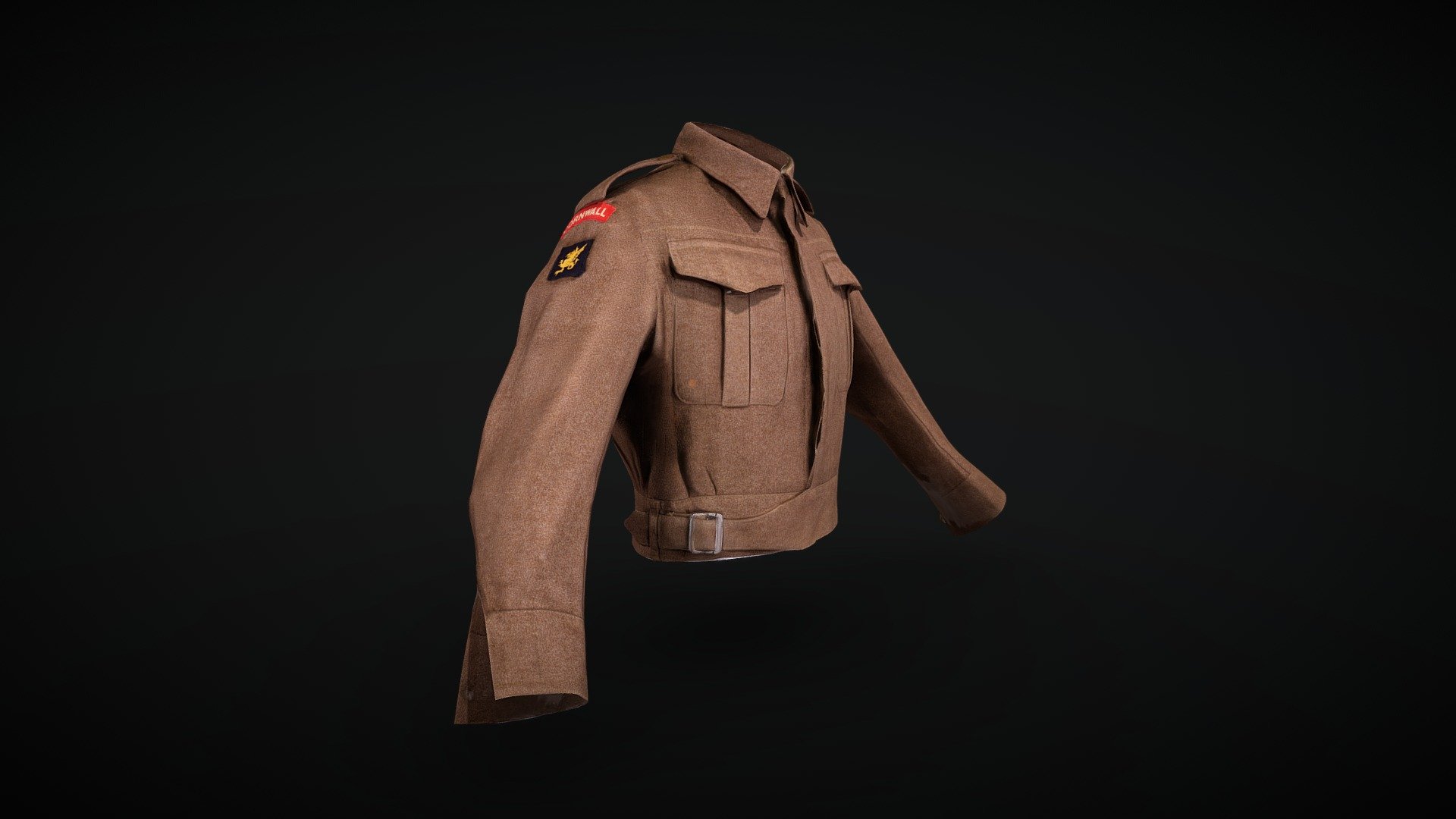 1942 khaki battle dress blouse. This new style of jacket was developed for better manouverabillity with the increased introduction of motorised vehicles to the military. There are 2 hook and eye fastenings on the collar of the jacket with 5 metal buttons running down the right-hand side of the jacket. There are 2 pockets on either breast fastened with a plain button. On the top of either sleeve is a Cornwall badge in red, and directly brlow is a blue patch with a yellow dragon detailing. There is a slight spot of discoloration on the bottom of the breast pocket on the right- this almost looks like some sort of bleach stain. Inside the jacket is a label that reads “Battledress Blouses, Serge. Size no 6.” And the date stamp is June 1942.

This item originates from the collection at Bodmin Keep Musuem, Cornwall, UK. The model was created by Purpose3D. If you are interested in purchasing the model, please get in touch with Purpose 3D 3d model