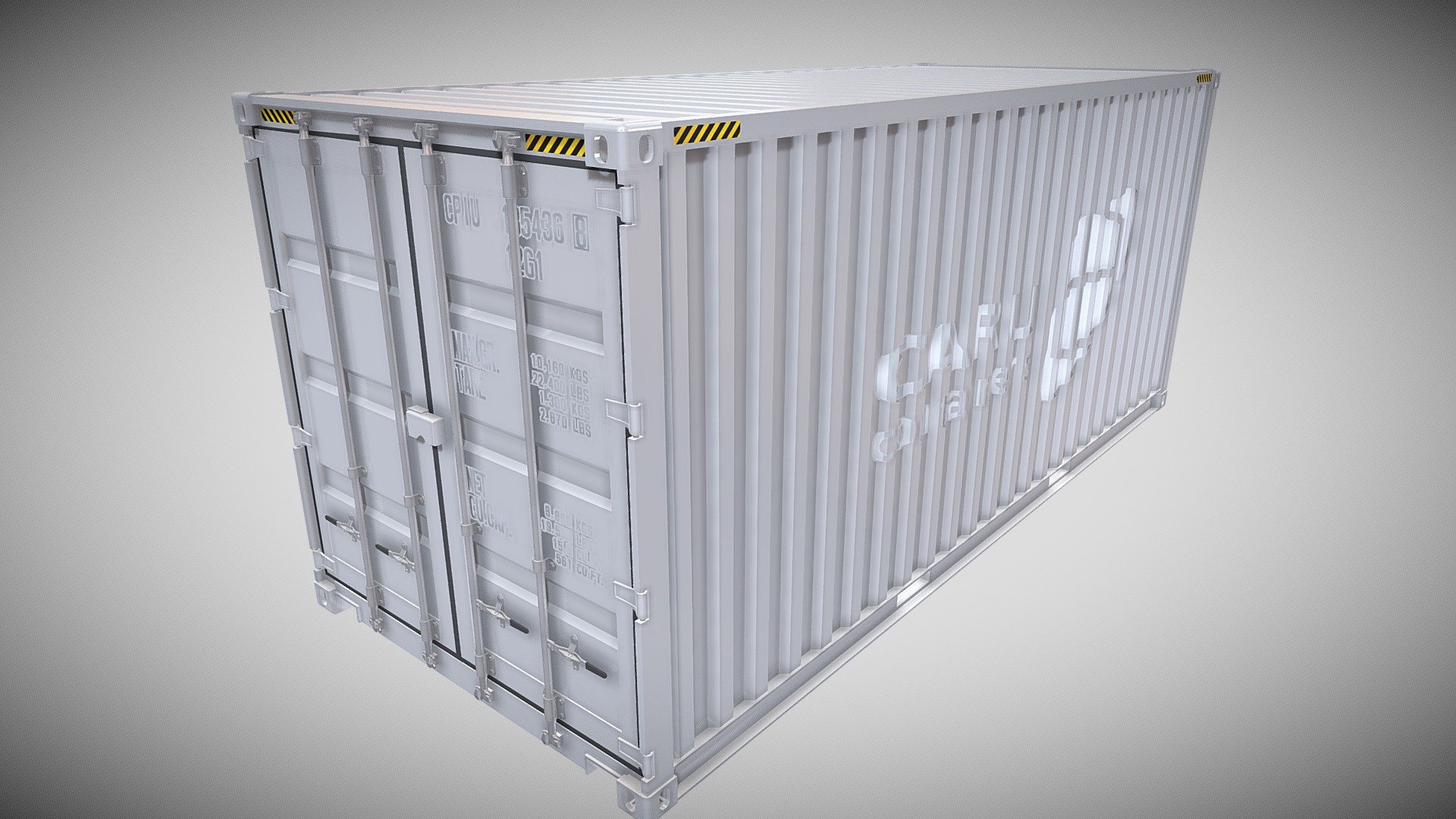 20ft Shipping Container 3d model rendered with Cycles in Blender, as per seen on attached images. 

File formats:
-.blend, rendered with cycles, as seen in the images;
-.obj, with materials applied;
-.dae, with materials applied;
-.fbx, with materials applied;
-.stl;

-.blend, with doors open, rendered with cycles, as seen in the images;
-.obj, with doors open, with materials applied;
-.dae, with doors open, with materials applied;
-.fbx, with doors open, with materials applied;
-.stl;

Files come named appropriately and split by file format.

3D Software:
The 3D model was originally created in Blender 2.8 and rendered with Cycles.

Materials and textures:
The models have materials applied in all formats, and are ready to import and render.
The model comes with two png image textures 3d model