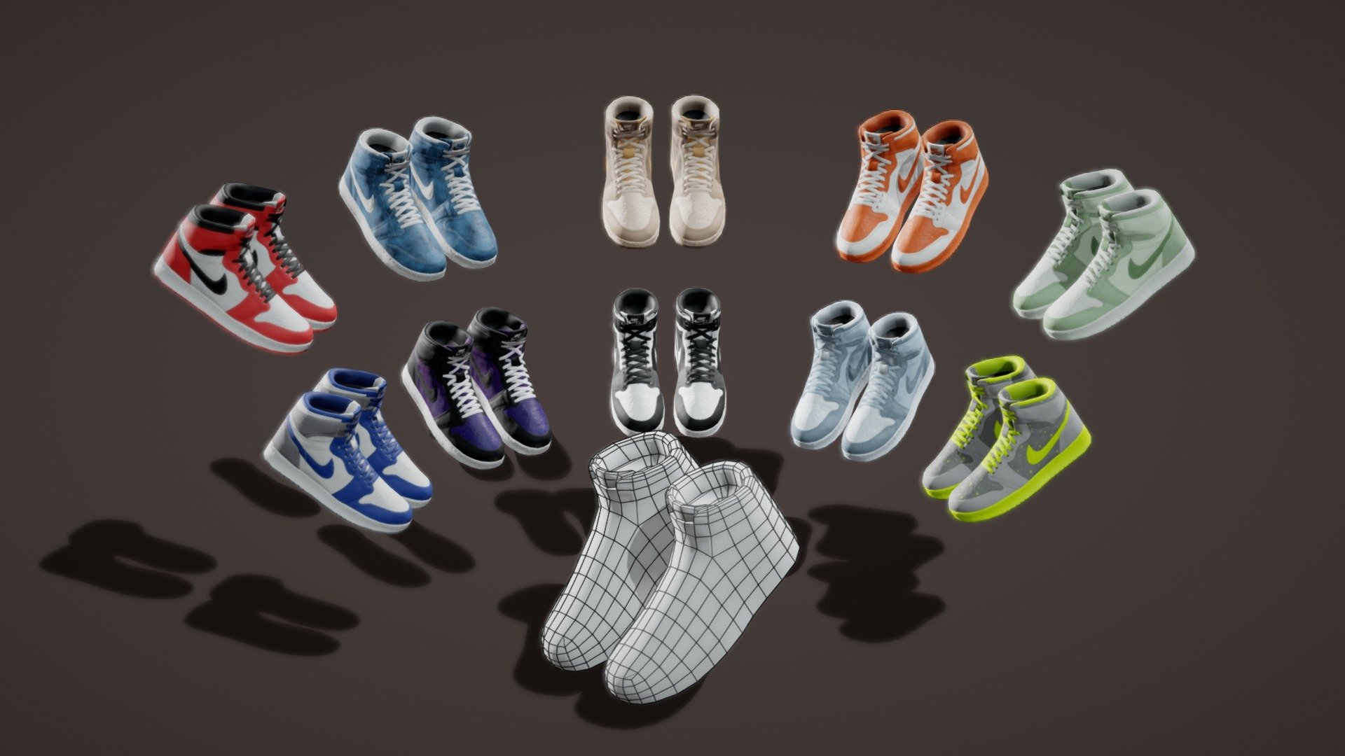 It is a High Quality Very Low poly Air Jordan NIKE Shoes 3d model

Will be perfect for any Cool 3d metaverse Project, as it is verly low poly and low date file

Model : 822 Face and 796 Verts. (per Pair)
Model in the Center is to show low poly Wireframe.

Texture :
3 Baked Texture in High quality 2k texture

Texture are baked from highpoly model to lowpoly

GLB file : Size of each pair is below 1mb including all the textures
GLB File Size of all the Shoes is 3.6 mb as it make use of same Metallic, Roughness &amp; Normal map.
Diffuse map is Defferent in all Shoes,

Individual Shoes :

Shoes 01

Shoes 02

Shoes 03

Shoes 04

Shoes 05

Shoes 06

Shoes 07

Shoes 08

Shoes 09

Shoes 10

Highpoly :
Air Jordan - Pack of 10 - Air Jordan Nike shoes - Pack of 10 - Buy Royalty Free 3D model by 5th Dimension (@5th-Dimension) 3d model