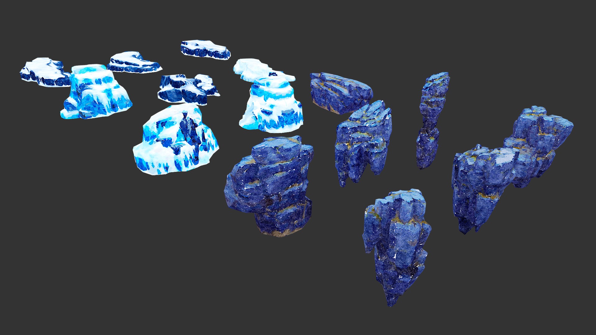 A package of low polygonal Rocks.The package contains 15 objects

Rock 1: 797 Poly, 648 Vert
Rock 2: 487 Poly, 372 Vert
Rock 3: 364 Poly, 310 Vert
Rock 4: 204 Poly, 197 Vert
Rock 5: 86 Poly, 76 Vert
Rock 6: 98 Poly, 84 Vert
Rock 7: 168 Poly, 136 Vert
Rock 8: 376 Poly, 330 Vert
Rock 9: 398 Poly, 321 Vert
Rock 10: 684 Poly, 513 Vert
Rock 11: 806 Poly, 638 Vert
Rock 12: 328 Poly, 253 Vert
Rock 13: 228 Poly, 207 Vert
Rock 14: 310 Poly, 265 Vert
Rock 15: 88 Poly, 82 Vert




Only Textures Diffus duplicated in resolution 1024 x 1024, 1024 x 512, 512 x 1024. Format textures of PNG. Files include: 3Dsmax, 3Ds, Obj, Fbx and folder with textures. Ready import to game project (Unity, Unreal)
If there is a need for any type of model, send a message! We will provide. 
Thanks for your interest and love! 



Note: Watercolor style illustrations 
It is recommended to use flat lighting or shaderless material - Low Poly Stone Illustration Collection Part 7 - 3D model by josluat91 3d model