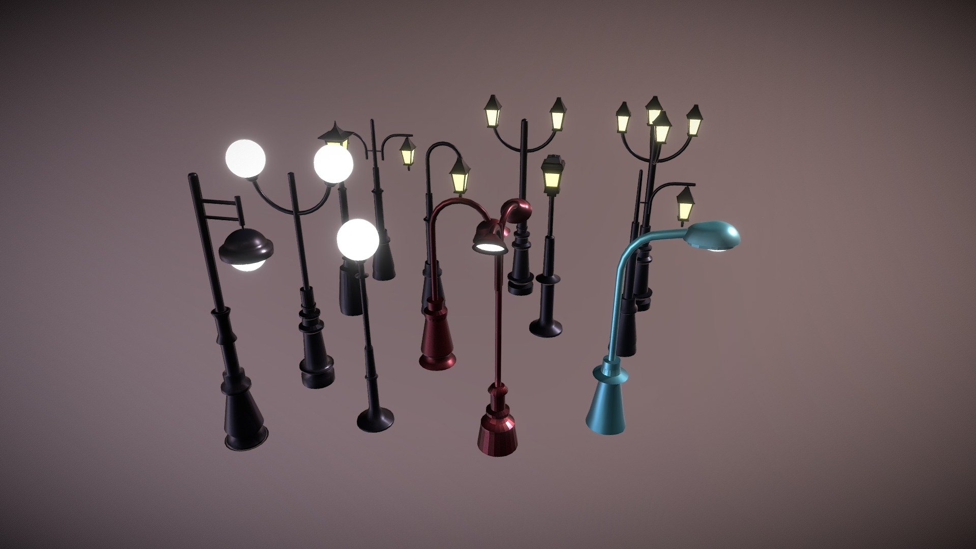 Light up your scene with this beautiful streetlights set!
Models were handpainted using 3dCoat and modeled on maya.

All lamps share the same texture atlas 3d model