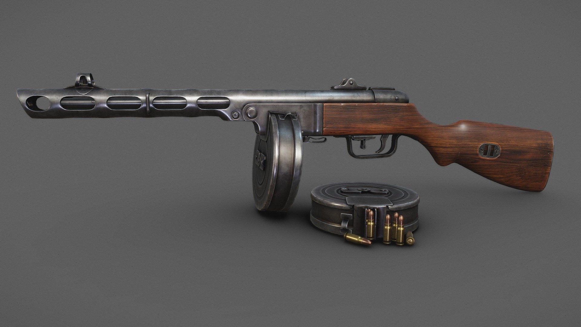 PPSh low poly model

4k textures. Total polycount 17089 tris.

Model created on Blender and ZBrush. Textured with Substance Painter 3d model
