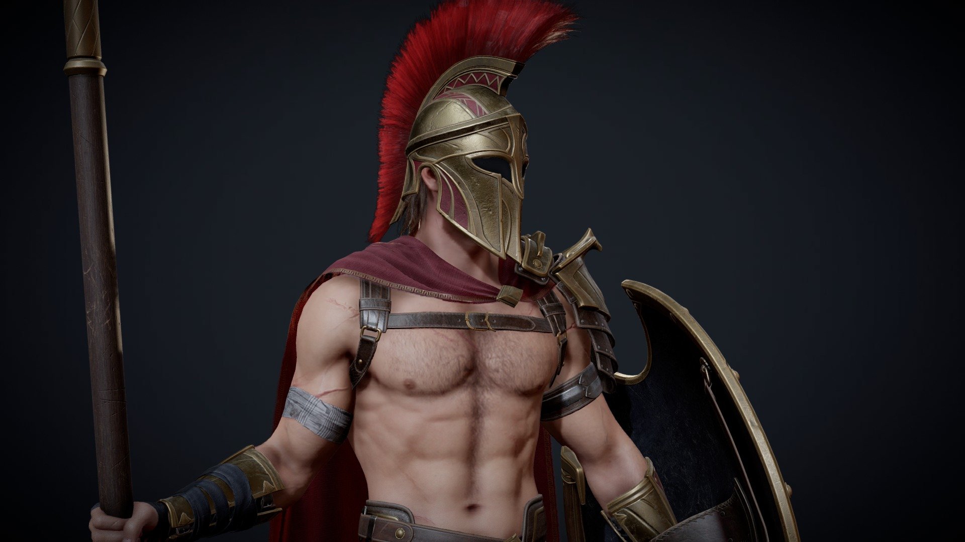 Product name: Spartan Hoplite

Ancient Greek Warrior, wearing not so practical armor for showing his abs!

Full Preview Gallery: https://www.artstation.com/artwork/4X53dW


Low poly, game ready, rigged, PBR textures. Include nude body mesh. UE4 supported.
Total tris counts: 140,117 
Unit: centimeters. Model Height: 184cm
FBX folders contain premade combined fbx for Full Armor, Half Armor, Full Nude meshes. And Modular folder for individual parts
Full genital modeled.
UE4 project with playable blueprint and cloth physics.
.blend file. Blender 3.2. Fully rigged with Auto Rig Pro plugin.
3Ds Max and Maya scene with UE4 skeleton setup.
PBR textures (Metallic-Roughness) 2048X2048 and 4096x4096. DirectX Normal Map.

Textures can be found in this folder: RyanReos_SpartanHopliteAssetsTextures


Include Zbrush .ztl file for full character model and weapon!

After purchase, please download the product archive &ldquo;RyanReos_SpartanHoplite_SketchfabVersion.rar