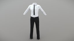 Mens White Shirt Black Trousers Tie Outfit in, office, white, shirt, fashion, clothes, with, business, dress, tie, belt, mens, outfit, wear, trousers, pbr, low, poly, male, black, tucked