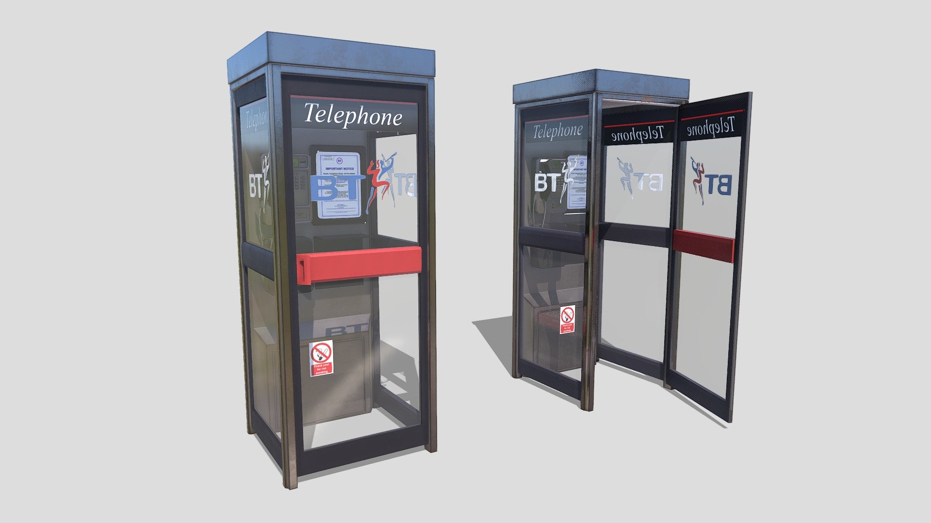 Detailed Description Info:


Model: BT Phone Box 


Media Type: 3D Model 


Geometry: Quads/Tris 


Polygon Count: 1783 


Vertice Count: 1833 


Textures: Yes 


Materials: Yes 


Rigged: No 


Animated: No 


UV Mapped: Yes 


Unwrapped UV’‘s: Yes Non Overlapping


|||||||||||||||||||||||||||||||||||


includes clean and dirty variations - BT Phone Boxes - Buy Royalty Free 3D model by studio lab (@leonlabyk) 3d model