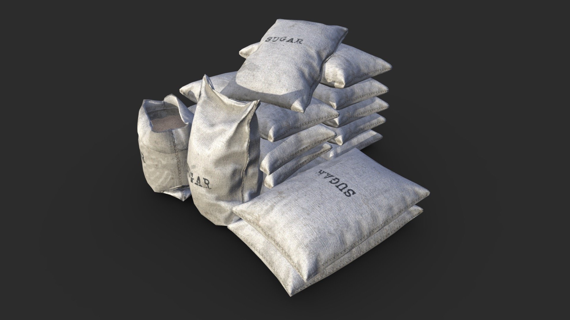 This vintage bulk bags assets pack including 10 individual bag sets and 2 content sets with 3 LODs and collision boxes. All elements can easily be positioned together to create a more detailed scene. Also, this pack includes 5 pre-assembled sets to allow you to speed up your assemblies.


Brown bag color variation included

This AAA game asset of old bulk bags will embellish you scene and add more details which can help the gameplay and the game-design.

Low-poly model &amp; Blender native 2.90

SPECIFICATIONS


Objects : 12
Polygons : 2817
Subdivision ready : No
Render engine : Eevee (Cycles ready)

GAME SPECS


LODs : Yes (inside FBX for Unity &amp; Unreal)
Numbers of LODs : 3
Collider : Yes
Lightmap UV : No

EXPORTED FORMATS


FBX
Collada
OBJ

TEXTURES


Materials in scene : 1
Textures sizes : 4K
Textures types : Base Color, Metallic, Roughness, Normal (DirectX &amp; OpenGL), Heigh &amp; AO (also Unity &amp; Unreal workflow maps)
Textures format : PNG
 - Sugar Old Bags Assets - Buy Royalty Free 3D model by KangaroOz 3D (@KangaroOz-3D) 3d model