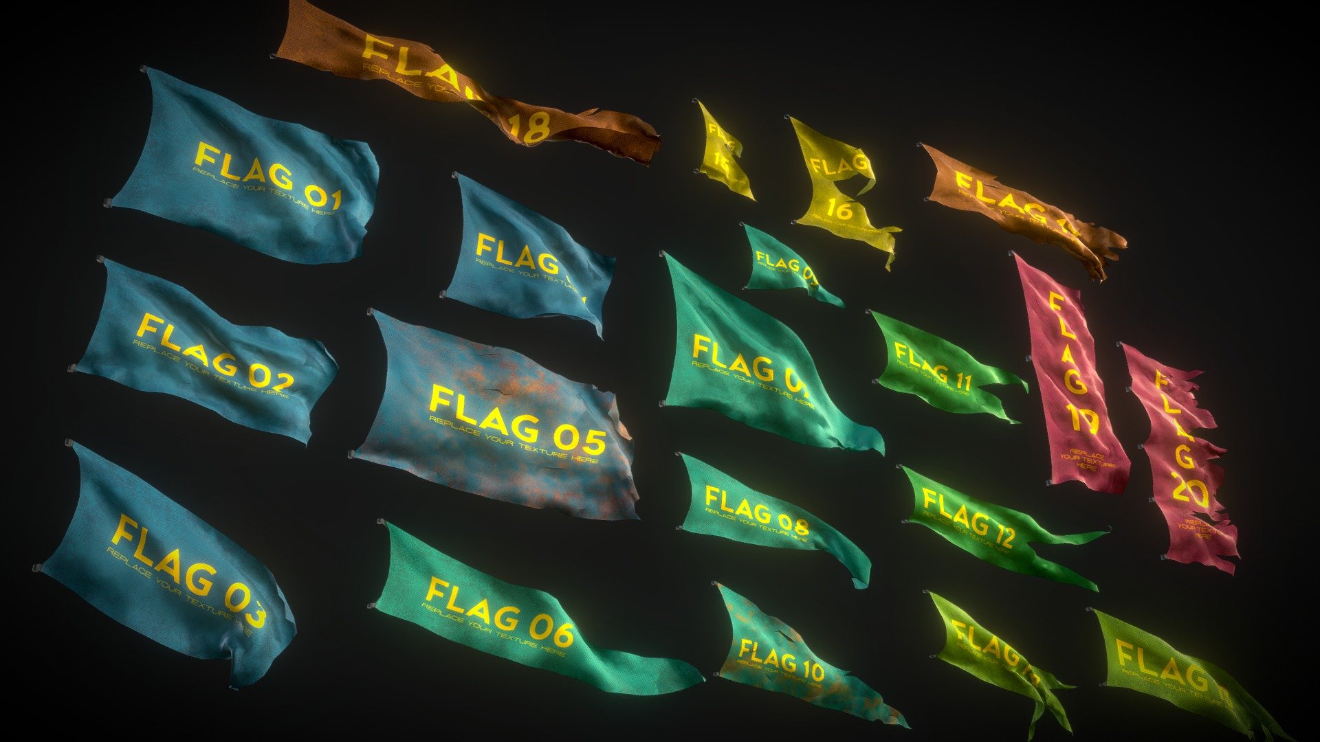 This pack includes 20 animated flag models that are prepared as almost lowpoly or midpoly.

Each flag is animated in 150 frames and is looped seamlessly.

To buy this pack search &ldquo;20 Fully Loop Animated Flags