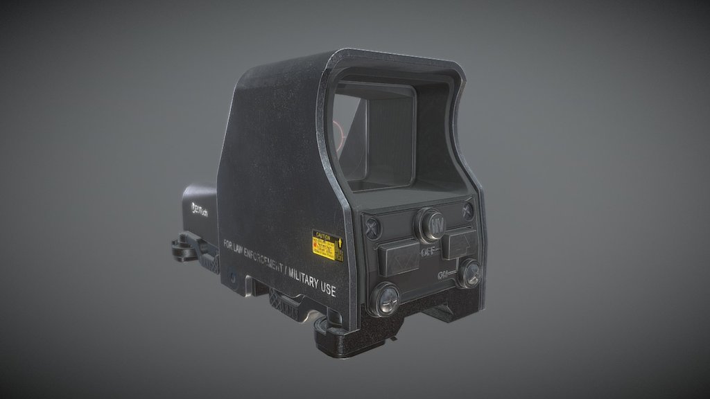 This is a Mid Poly version of famous Eotech sight used by US marines, Navy SEALS  and many others.

See in HD version
Hold ALT + LEFT mouse click while draging mouse LEFT/RIGHT to rotate Lightning

Doubleclick on model's part to rotate camera around it.Doubleclick on epty space to reset view - Eotech 553 - 3D model by yarogor 3d model