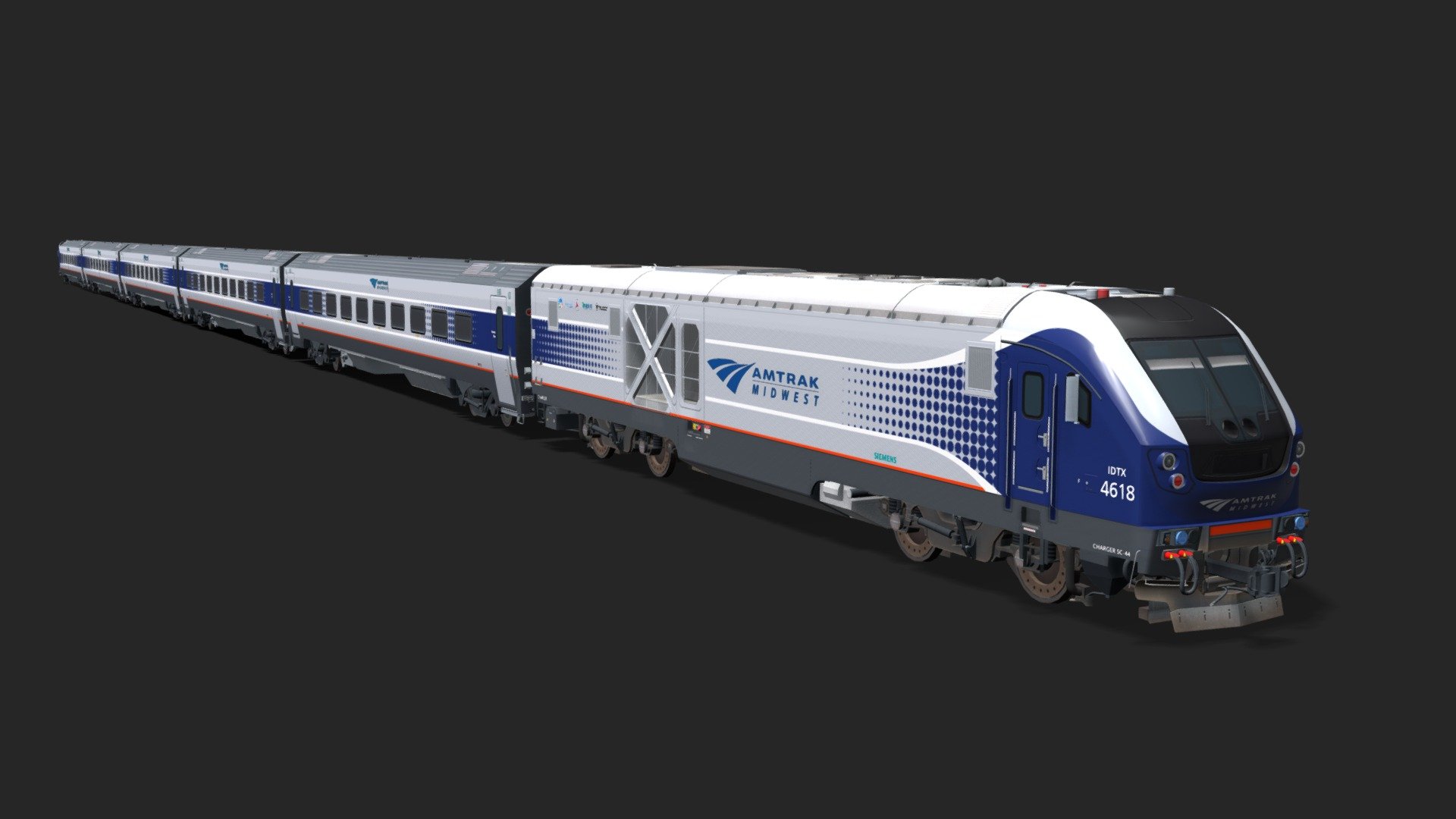 Consist pack of Siemens Charger locomotive and Venture coaches, that are part of Amtrak’s rolling stock replacement project. This is the Midwest variant of that contains SC-44 based driving trailer, Venture coaches and SC-44 Charger diesel locomotive. They are the replacement of Horizon and Amfleet II coaches that Amtrak is currently using. 

The pack contains pre-set configuration; Siemens Charger engine, Coach, Business, Cafe cars of Venture coaches, as well as driving trailer. They can be customized as I also provided coaches separately. 

Models are made for video game Cities: Skylines as functional train assets. Pack contains standard textures; diffuse, alpha, specular, illumination and color. Roughness can be provided in case needed 3d model