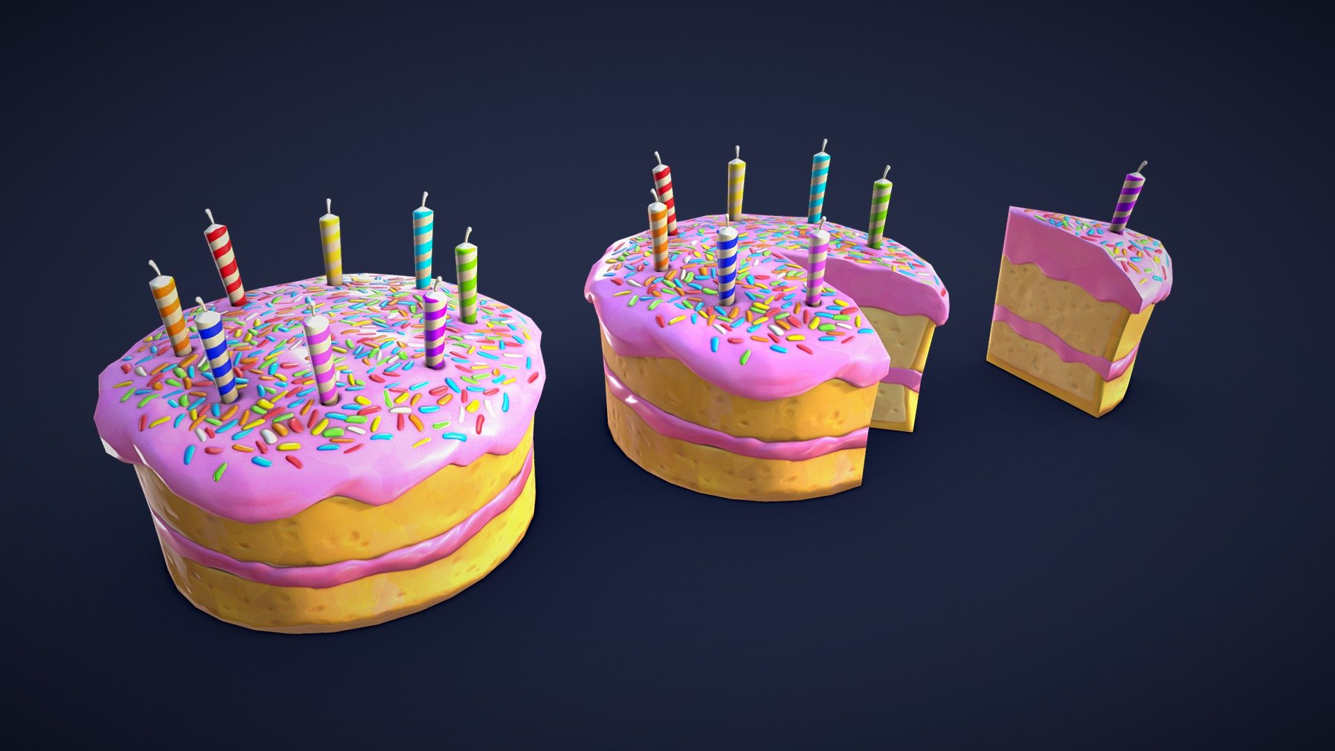 Are you looking for a birthday cake to add to your project? Look no further than this 3D asset pack. All models are low-poly and optimized for performance and quality. Whether you’re creating a bustling bakery scene or adding a unique touch to your game environment, these assets will add some detail to your project!🎂

Model information:




Optimized low-poly assets for real-time usage.

Optimized and clean UV mapping.

2K and 4K pbr textures for the assets are included.

Compatible with Unreal Engine, Unity and similar engines.

All assets are included in a separate file as well.
 - Stylized Birthday Cake - Low Poly - Buy Royalty Free 3D model by Lars Korden (@Lark.Art) 3d model