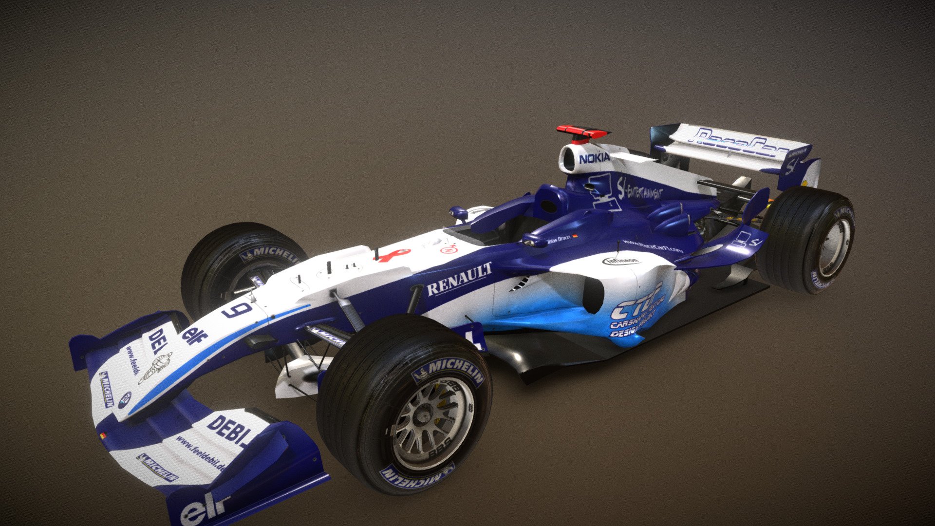 The car was created in 2004 for the virtual RaceCar F1 team. It ran in 2005 in the GP4IL
It's a Formula car matching regulations of F1 2005.

http://www.racecarf1.com

Tires with friendly permission from CTDP F1 2005 mod 3d model