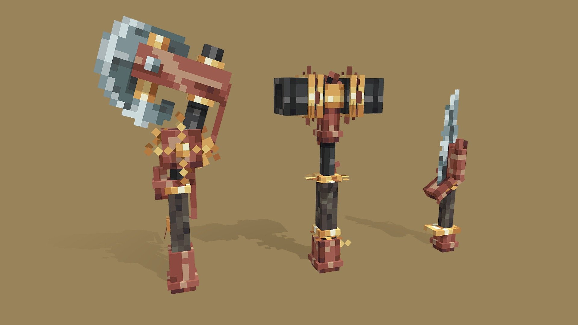 Project Description
A set of weapons for a real watchmaker who can protect his chapel!

This set includes a powerful hammer, a sharp knife, and a battle axe.




Set was created in Blockbench.

Set was created by one of the modelers of our studio.


Contact our studio
If you have a suggestion to work on models for Minecraft Marketplace or Minecraft, then:

You can contact us via Discord: Model’ka Studio#6919 - Steampunk Weapons - 3D model by Model'ka Studio (@modelkastudio) 3d model