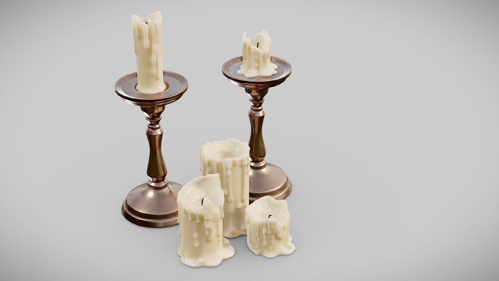 Candles

PBR Material
4k Textures
.tga format
2 Udim
PBR Texture (base color, Roughness, Ao, Normal map, Metalic, opacity, Scattering)

low-Poly
Production-Ready - film, game, and advertising

.obj   .fbx  .ma files included
 tris and quad versions available - Candles - Buy Royalty Free 3D model by FaceTheEdge 3d model