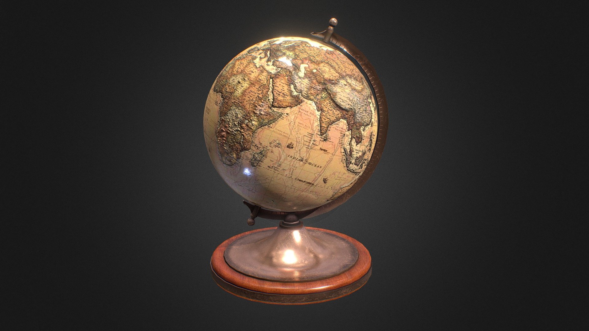 Rotating Antique World Globe
PBR Materials,
Basic rotation animation.
1k Textures as seen (ZIP file contains 4k Textures, displacement/heightmap for the sphere, and a static unanimated version), - Antique Globe (Animated;Rotating) - Buy Royalty Free 3D model by ArcticGreenhouse 3d model