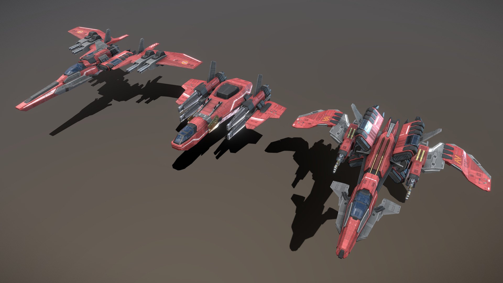 This is a model of a low-poly and game-ready scifi spaceship. The models consist of modular parts.

The weapons are separate meshes and can be animated with a keyframe animation tool. The weapon loadout can be changed too. 

This model has optional maneuvering thrusters for newtonian physics based movement. They do fit on other ships too.

The model comes with several differently colored texture sets. The PSD file with intact layers is included.

Please note: The textures in the Sketchfab viewer have a reduced resolution (2K instead of 4K) to improve Sketchfab loading speed.

If you have purchased this model please make sure to download the “additional file”.  It contains FBX and OBJ meshes, full resolution textures and the source PSDs with intact layers. The meshes are separate and can be animated (e.g. firing animations for gun barrels, rotating turrets, etc) 3d model