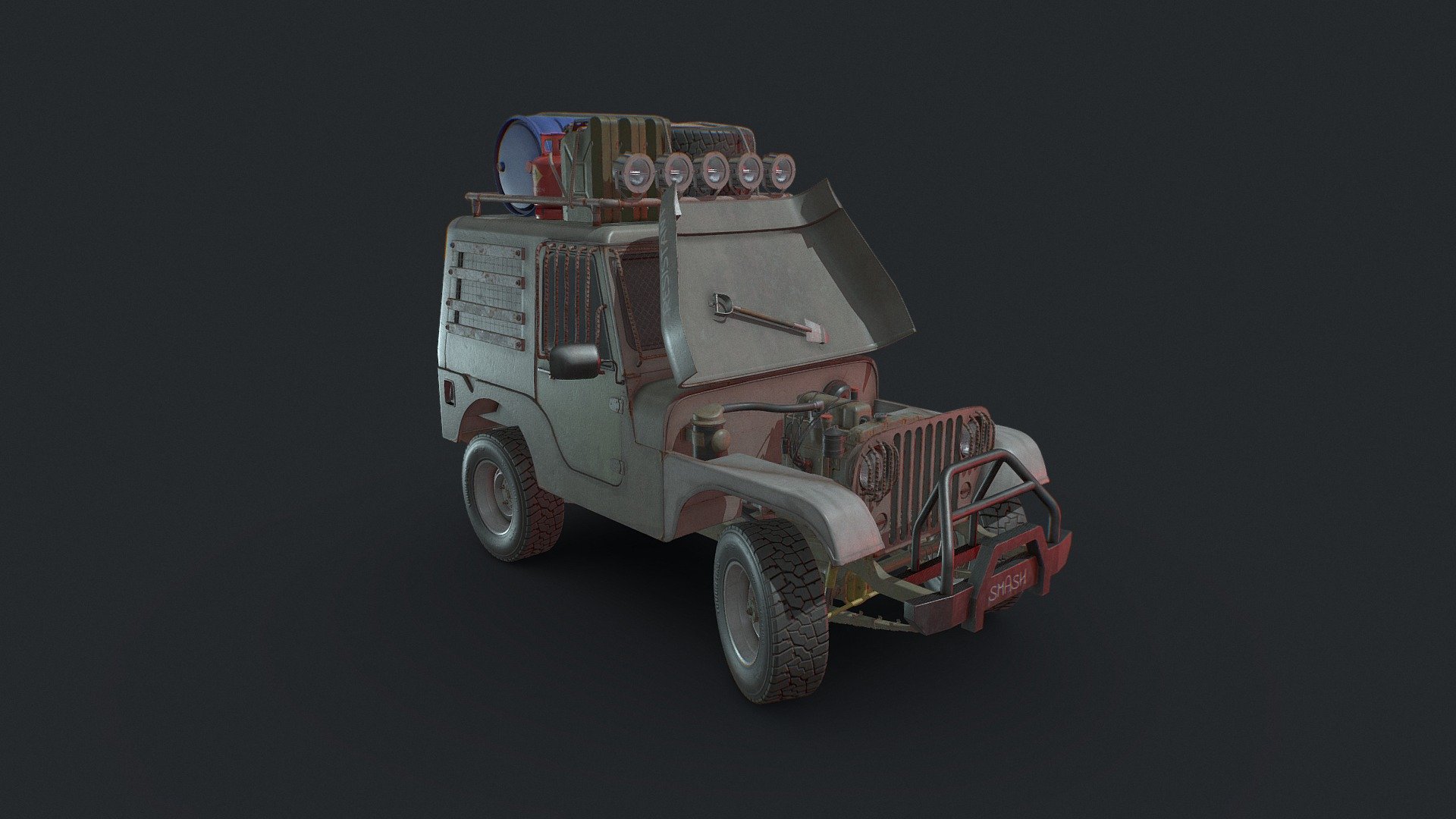 This is a the iconic Jeep Wrangler with a post appocaliptic theme, i did this model as a hero asset for my latest environemnt art. (check the environment here)
The aim was to go for a custimized vehicle that our charecter in our environment use for out door rides to find resources. it is a mid poly assets and i tried to inclued the normal information inside the model as i belive the next (and even current) generation can handle millions of poligons how wver i didn't go to much crazy with it and it can be used as a game ready assets for AAA games. 
Pelase do leave your feedbacks in the comments 3d model