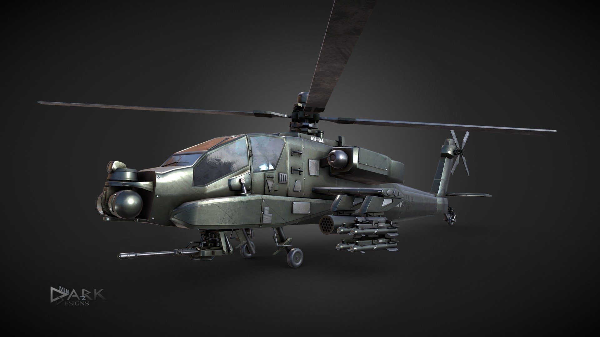 The Boeing AH-64 Apache is an American twin-turboshaft attack helicopter with a tailwheel-type landing gear arrangement and a tandem cockpit for a crew of two. It features a nose-mounted sensor suite for target acquisition and night vision systems. It is armed with a 30 mm (1.18 in) M230 chain gun carried between the main landing gear, under the aircraft's forward fuselage, and four hardpoints mounted on stub-wing pylons for carrying armament and stores, typically a mixture of AGM-114 Hellfire missiles and Hydra 70 rocket pods. The AH-64 has significant systems redundancy to improve combat survivability.

The Apache began as the Model 77 developed by Hughes Helicopters for the United States Army's Advanced Attack Helicopter program to replace the AH-1 Cobra. The prototype YAH-64 was first flown on 30 September 1975. The U.S. Army selected the YAH-64 over the Bell YAH-63 in 1976, and later approved full production in 1982 3d model