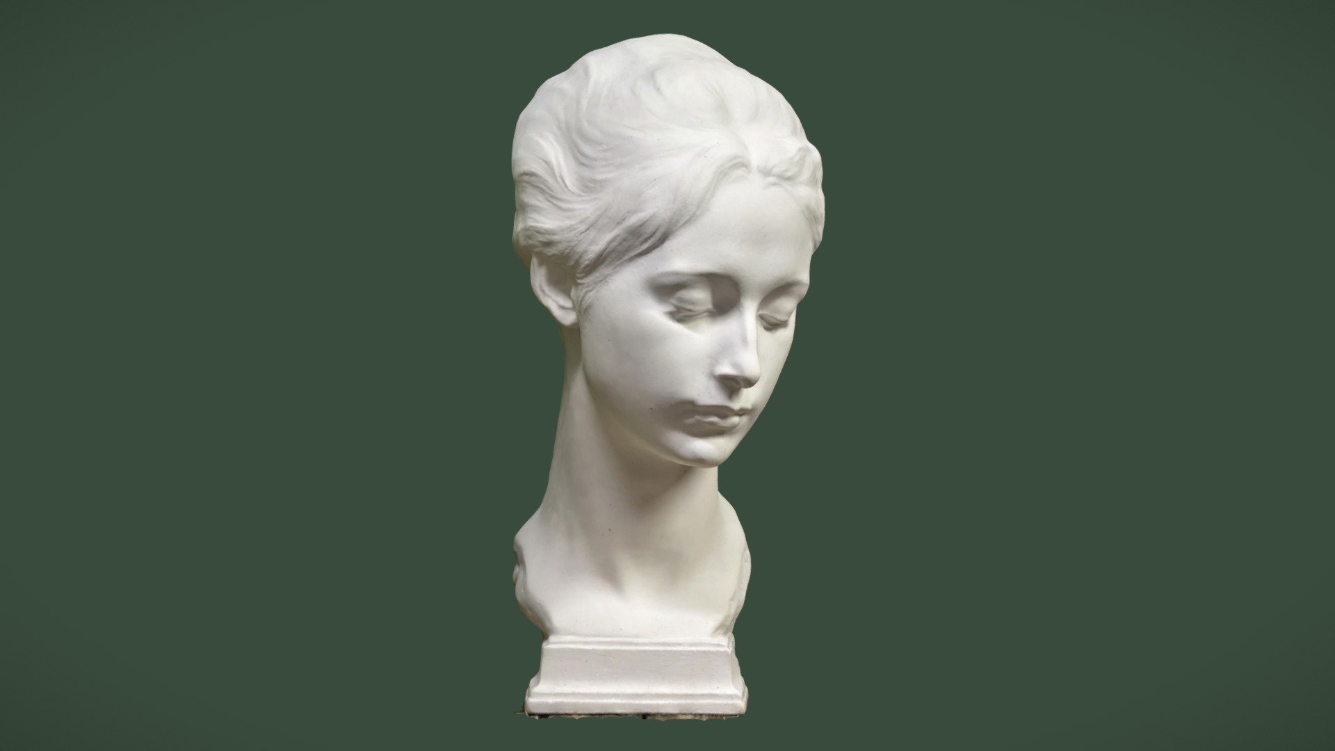 Scan of female plaster head, intended for academic art studies, not full mesh. Photogrammetric source lighting (ie. textures only).

(Second scan of https://skfb.ly/oAI7J) - Femal-plaster-head v2 - Download Free 3D model by mjk123 3d model
