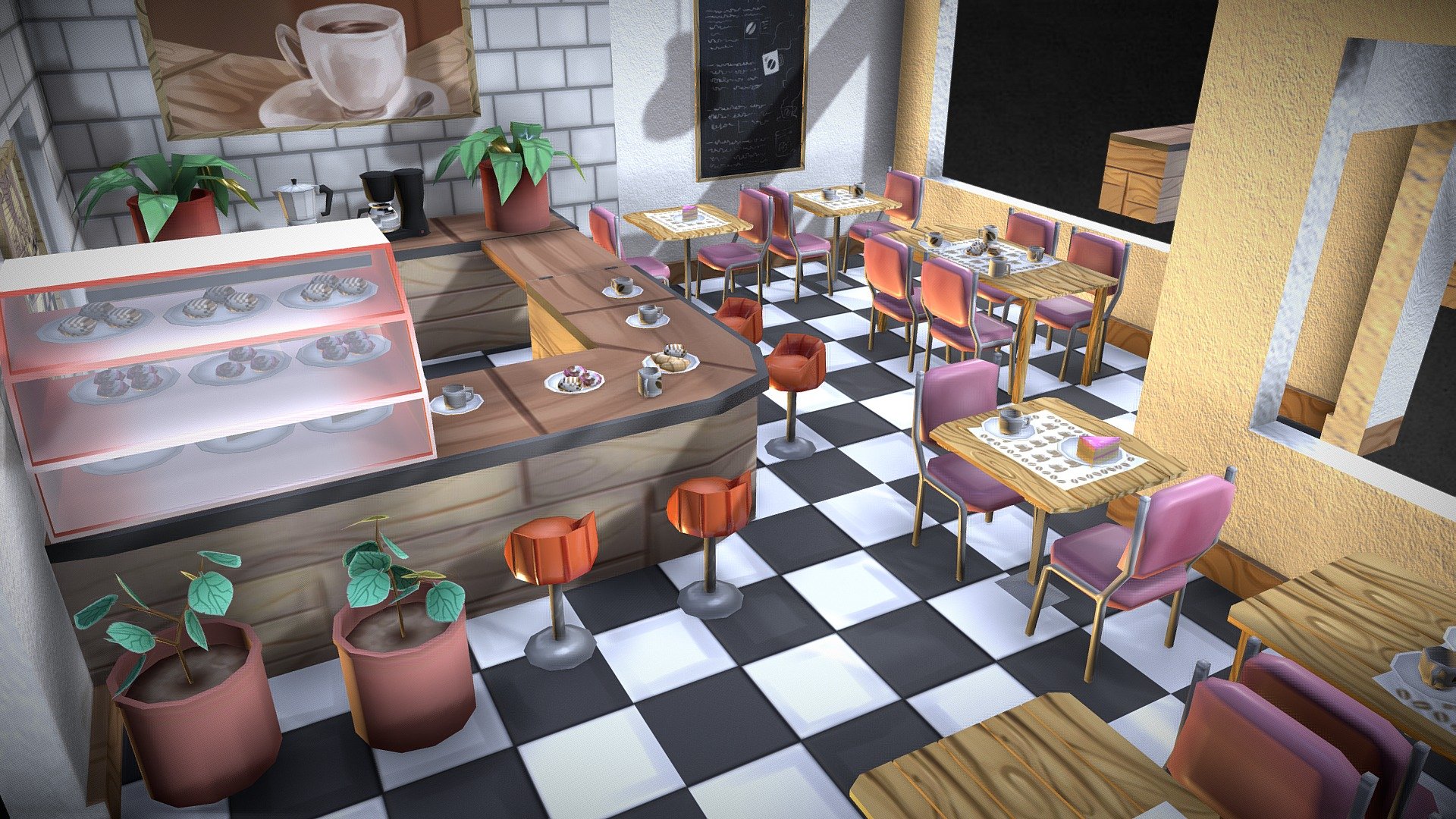 Lowpoly assets for your cartoon style video game

Models:
* A bar
* a cake rack
* an italian coffee pot
* coffee maker
* food (donuts, croissant)
* two types of plants
* two types of frames
* a blackboard
* a spotlight
* two types of walls
* a tile floor
* two types of table
* two types of chairs
* two types of cups and plates
* a spoon
* a jug of coffee - Coffee shop assets lowpoly - Buy Royalty Free 3D model by Hobu (@Hobu_Coffee) 3d model