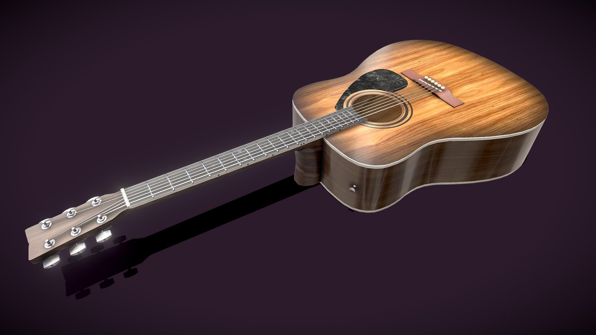 Lowpoly Generic Brandless Acoustic guitar. fully textured,1 mesh, 1 material, 2048 Diffuse/Metalness/Roughness.

Blender file has the mesh as non-triangulated 3d model