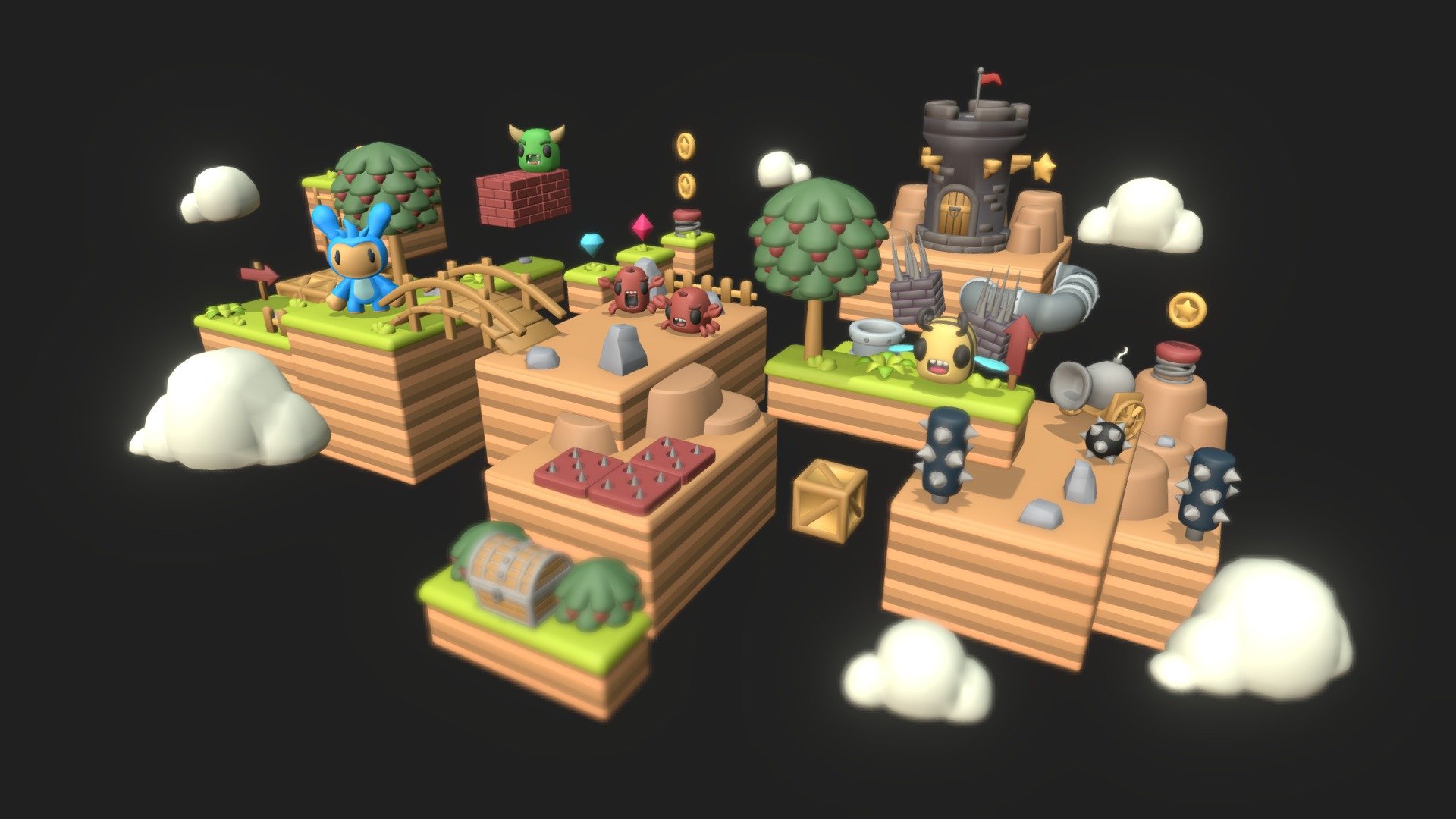 100+ Models in FBX, OBJ , Blend and glTF!

A huge pack with everything you need to make a platformer, character with 18 animations, animated enemies, platforms, mechanics, and much more! 

Free to use in any project, even commercially! (CC0)

You can download the complete pack for free on my website:
https://quaternius.com - Ultimate Platformer Pack (100+ Models) - Download Free 3D model by quaternius 3d model