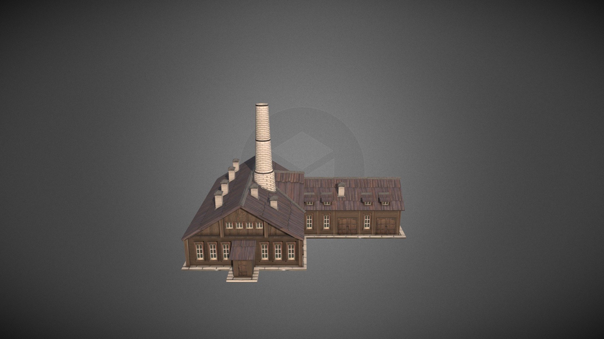 An industrial smokehouse factory building made of planks with a brick chimney.  

PBR material. 
3 texture files for 2 UVs:
1k Atlases - Color,Normal. 
2k non overlap ORM (AO, Rough, Metall  packed in each channel ) Model sewn and ready to be imported into the game.  The model is checked for collisions and geometry errors.
1 mesh 6689, only tris 3d model