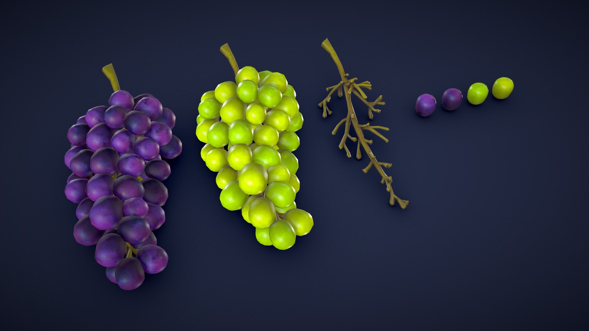 This asset pack contains 7 different grape meshes. Whether you need some fresh ingredients for a cooking game or some colorful props for a supermarket scene, this 3D stylized grape pack has you covered!

Model information:




Optimized low-poly assets for real-time usage.

Optimized and clean UV mapping.

2K and 4K textures for the assets are included.

Compatible with Unreal Engine, Unity and similar engines.

All assets are included in a separate file as well.
 - Stylized Grapes - Low Poly - Buy Royalty Free 3D model by Lars Korden (@Lark.Art) 3d model