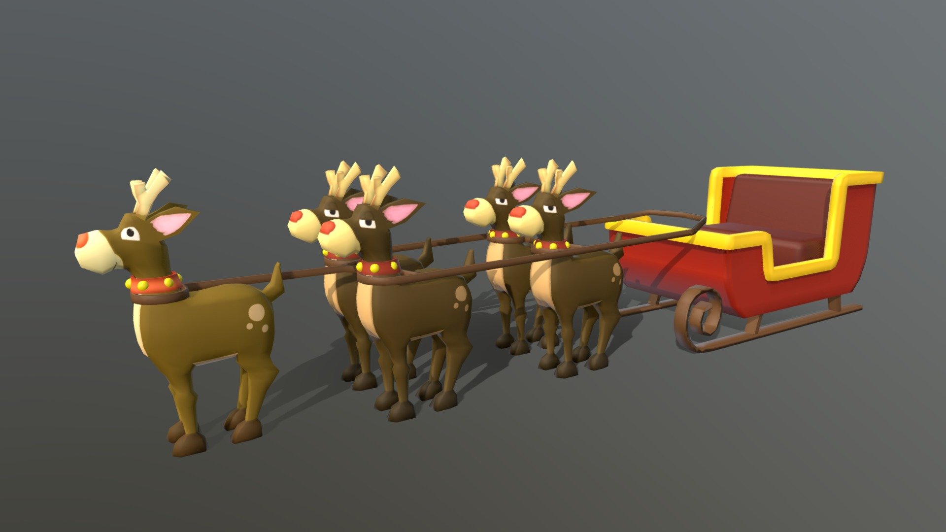 This is a Santas sleigh with reindeers 3D model . This is a low poly model. It is made in Autodesk Maya 2018 and texturized with uvs, iluminated and rendered in Arnold 2018. Texture its hand painted in Photoshop. The model contins the sleigh and 5 deers together by a ropein their neck. This model can be used for any type of work as: low poly or high poly project, videogame, render, video, animation, film…This is perfect to use it as decoration in a Christmas Scene or for a CHristmas postcard image with other christmas decoration that you could see in my profile too…

This contains a .fbx , .and all the textures.

I hope you like it, if you have any doubt or any question about it contact me without any problem! I will help you as soon as possible, if you like it I will aprecciate if you could give your personal review! Thanks - Santa Sleigh With Deers - Buy Royalty Free 3D model by Ainaritxu14 3d model