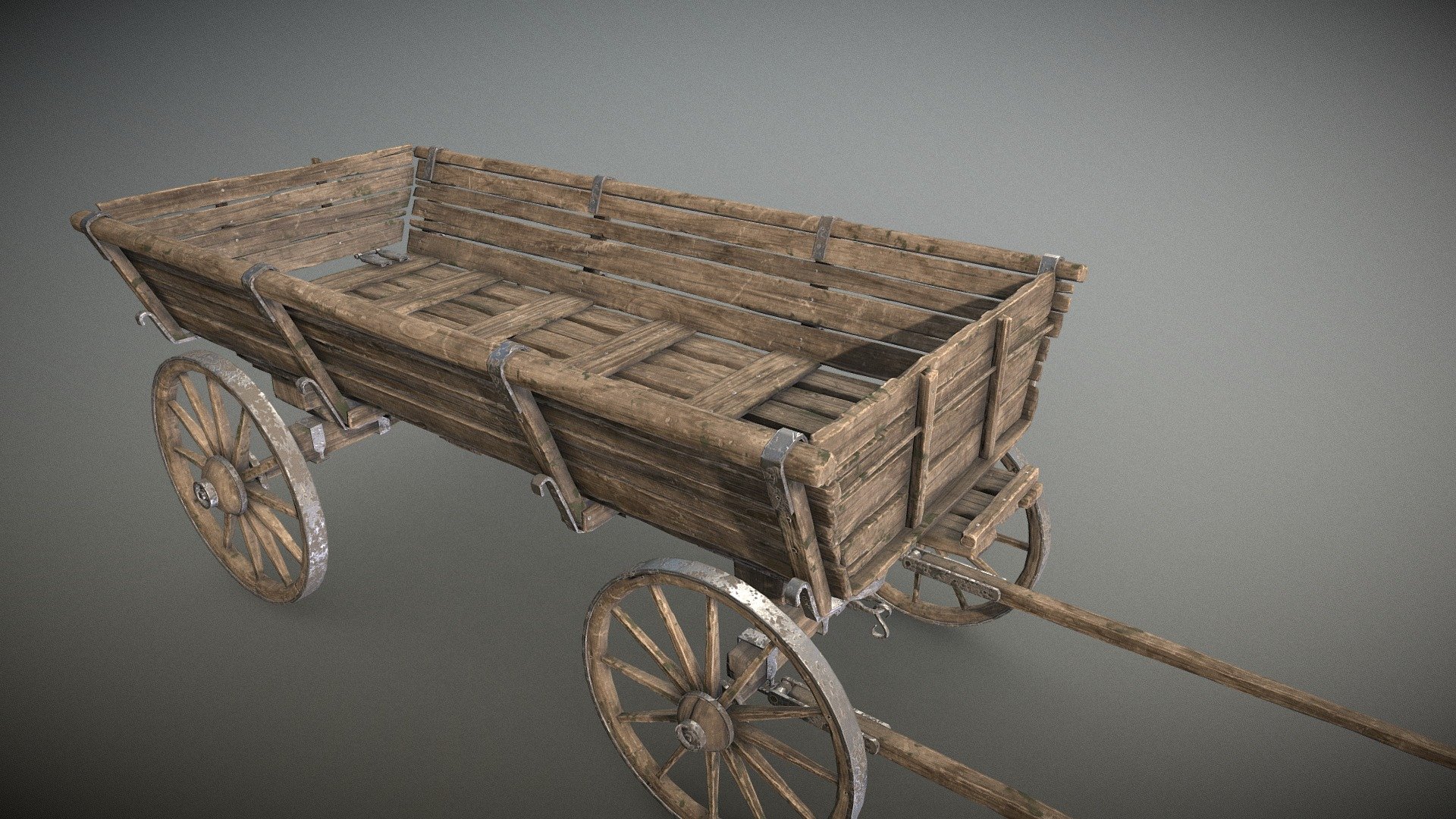 Low poly old fashioned big haycart.

1 groupmesh (cart,back and wheels)
1 material of 4k

Contain my meshmaps of my baking result if you wish to make your own textures on it and the FBX with groupmodel.

This is a piece of a dualpack with 2 carts.

https://sketchfab.com/3d-models/pack-of-oldfashioned-wooden-carts-bd1389222fc0498f8d59de13d0dd2125 - Wooden Cart - Buy Royalty Free 3D model by JB3D (@taz83) 3d model