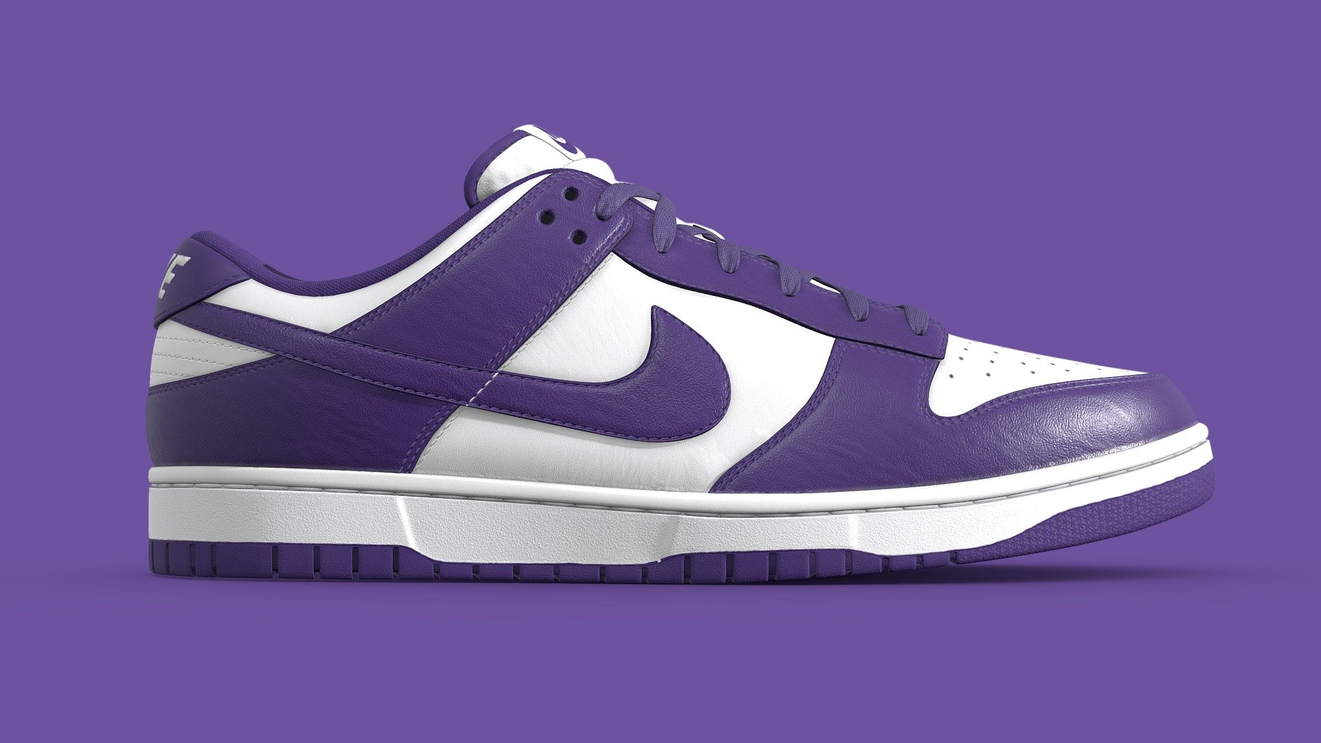 Nike Dunk Low in the Court Purple Colourway. Every detail was made in the recreation of this shoe, from the text on the medial side of the shoe to the subtlety of each material, nothing went overlooked. Stitches were sculpted by hand to achieve the highest quality

What's included


Blender file with linked textures
FBX and OBJ versions
OneMesh version
All 4k textures

Model Features

The upmost care went into crafting this model. As a result it is subdivision ready. The model was unwrapped with efficiency in mind. Both left and right shoes are mostly identical, save for logos and text that cannot be mirrored. As such the high detail version of the shoe uses 4 UV maps to cover both of the shoes, with the One mesh version using just the one UV map 3d model