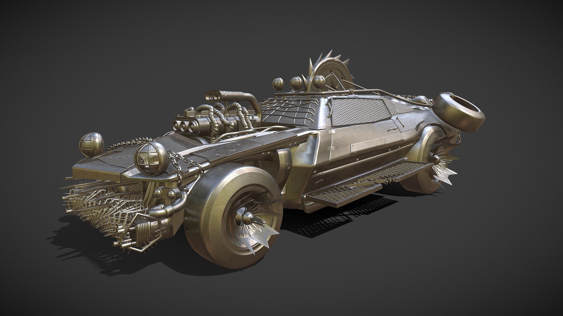 My Post Apocalyptic Vehicle is ready for a racing and ready to be textured. Has 24 tiles for UDIMS or 24 material.
If you want the completly version with textures you can download here - Post Apocalyptic Vehicle - Buy Royalty Free 3D model by gabshega 3d model