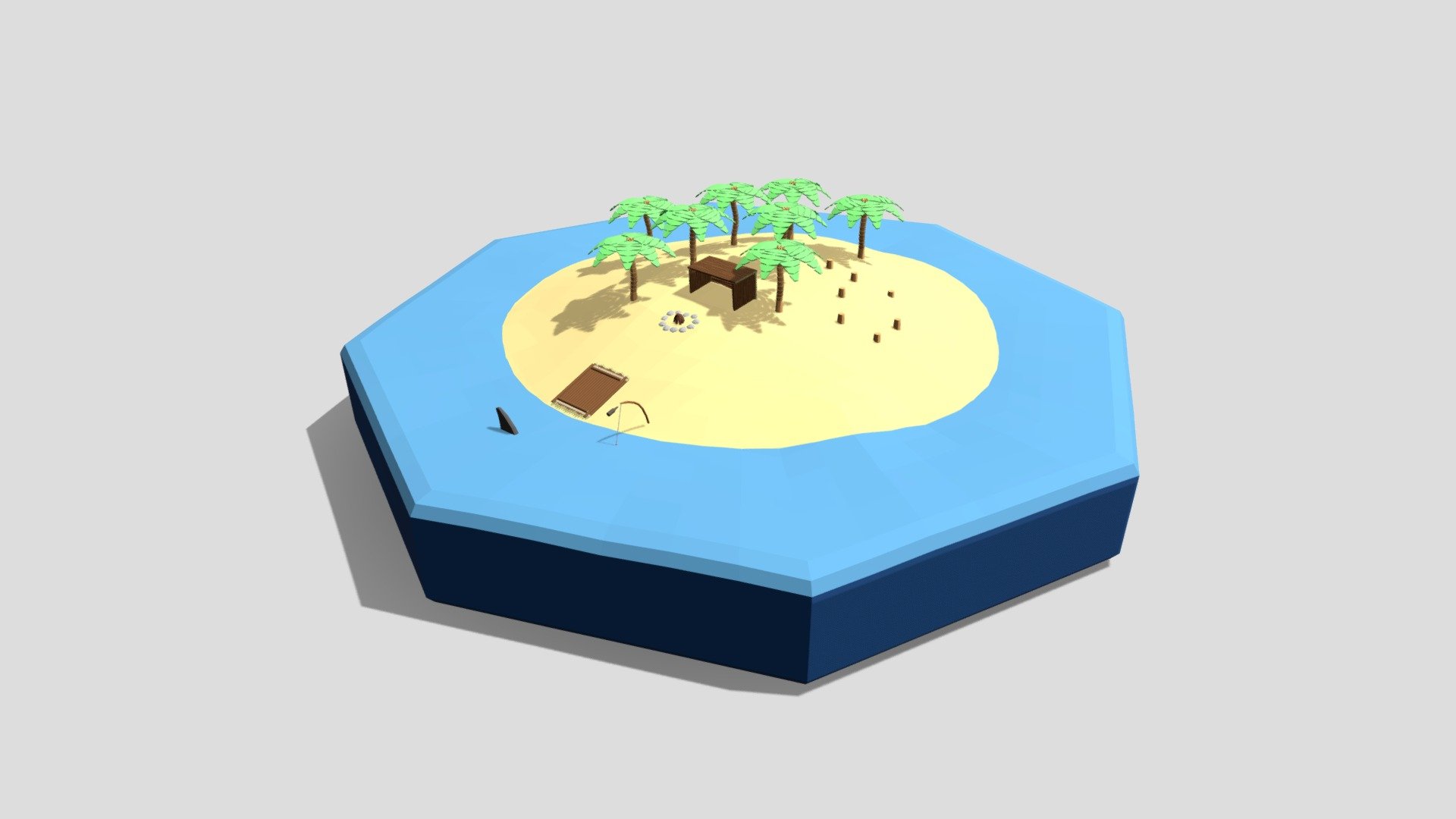 This is a low poly 3D model of a island scene. The low poly scene was modeled and prepared for low-poly style renderings, background, general CG visualization presented as a mesh with quads/tris.

Verts : 27.836 Faces: 25.867 The 3D model have simple materials with diffuse colors.

No ring, maps and no UVW mapping is available.

The original file was created in blender. You will receive a 3DS, OBJ, FBX, blend, DAE, Stl.

All preview images were rendered with Blender Cycles. Product is ready to render out-of-the-box. Please note that the lights, cameras, and background is only included in the .blend file. The model is clean and alone in the other provided files, centred at origin 3d model
